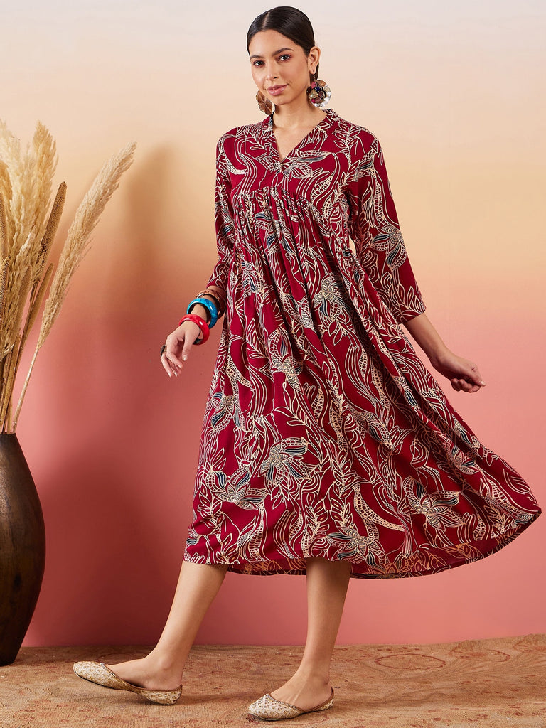Women's Maroon Beige Blue Print Deep V Neck Flared Dress
