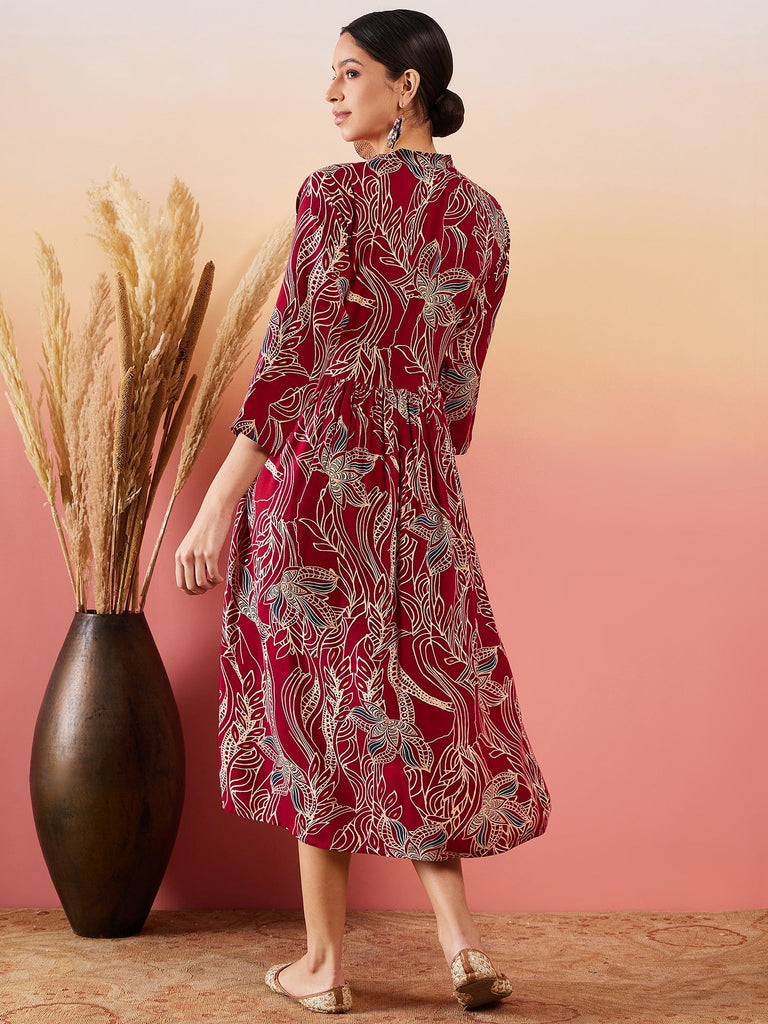 Women's Maroon Beige Blue Print Deep V Neck Flared Dress