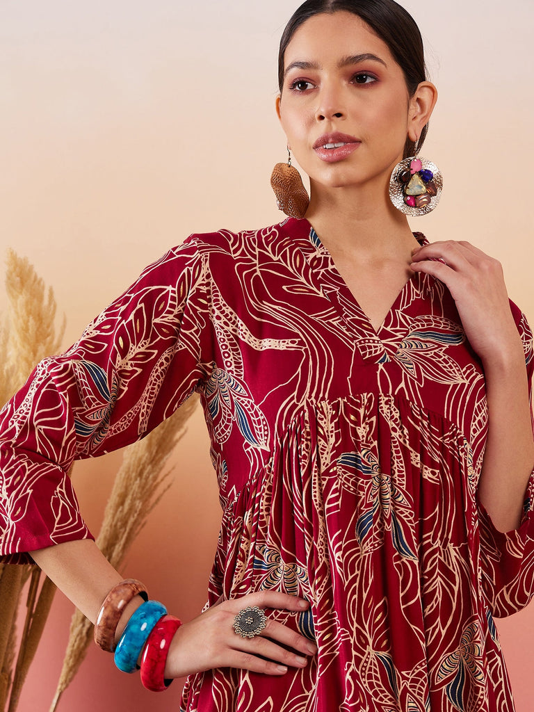 Women's Maroon Beige Blue Print Deep V Neck Flared Dress