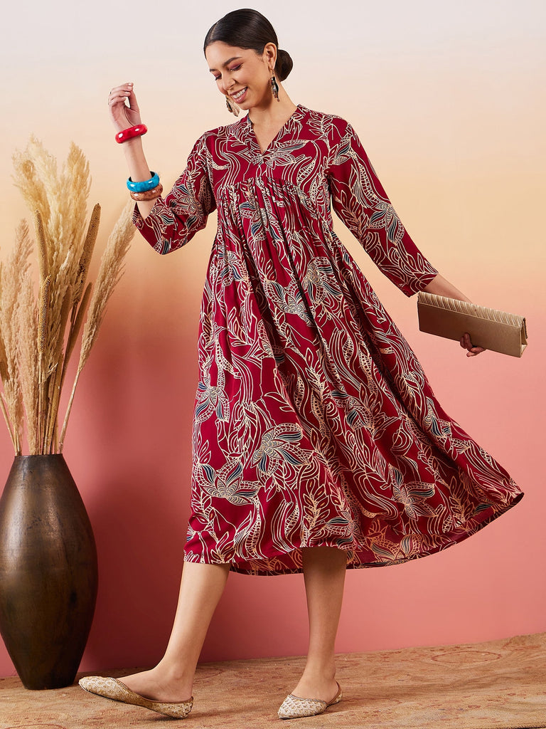 Women's Maroon Beige Blue Print Deep V Neck Flared Dress