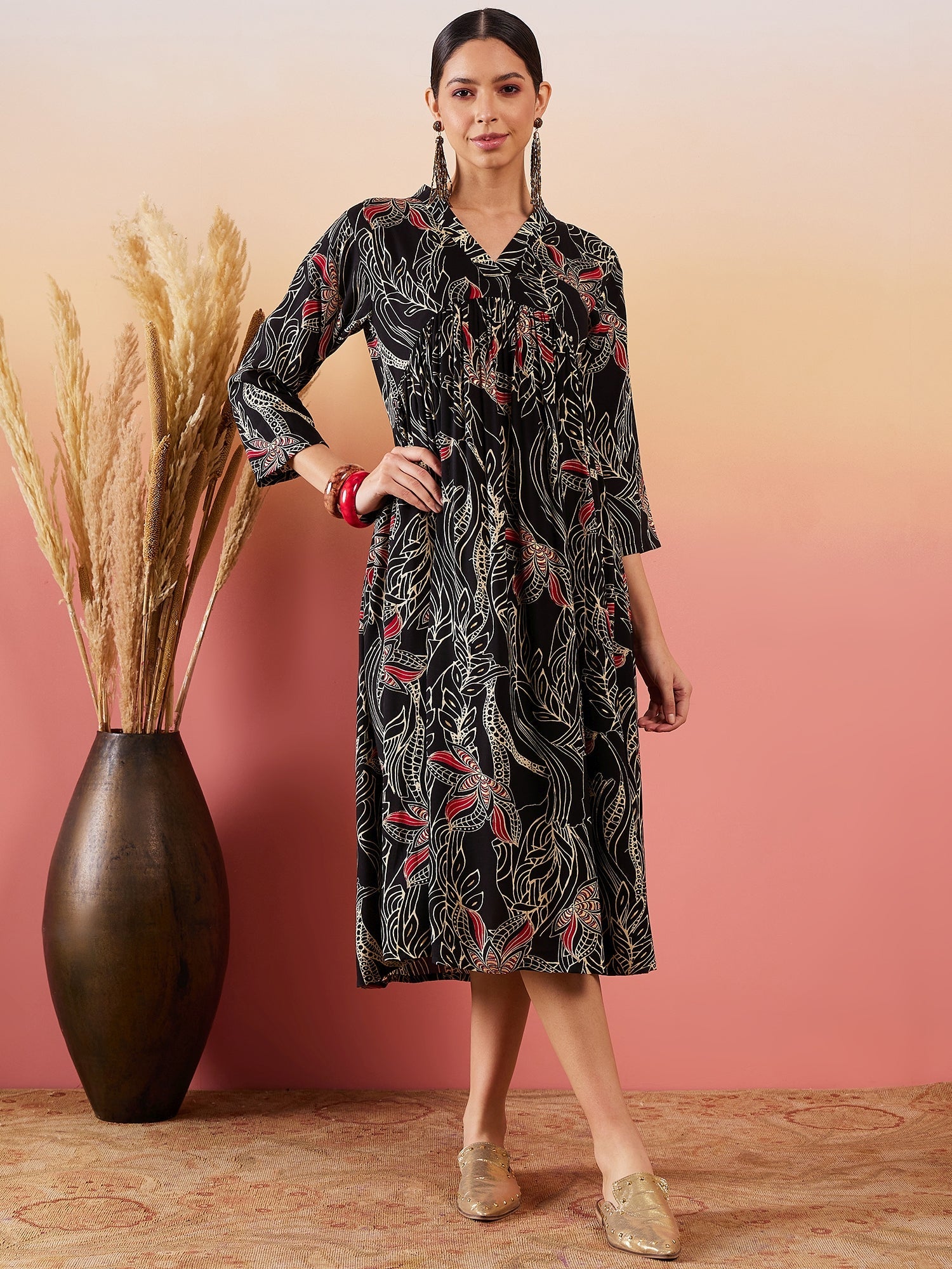 Women's Black Beige Red Print Deep V Neck Flared Dress - InWeave