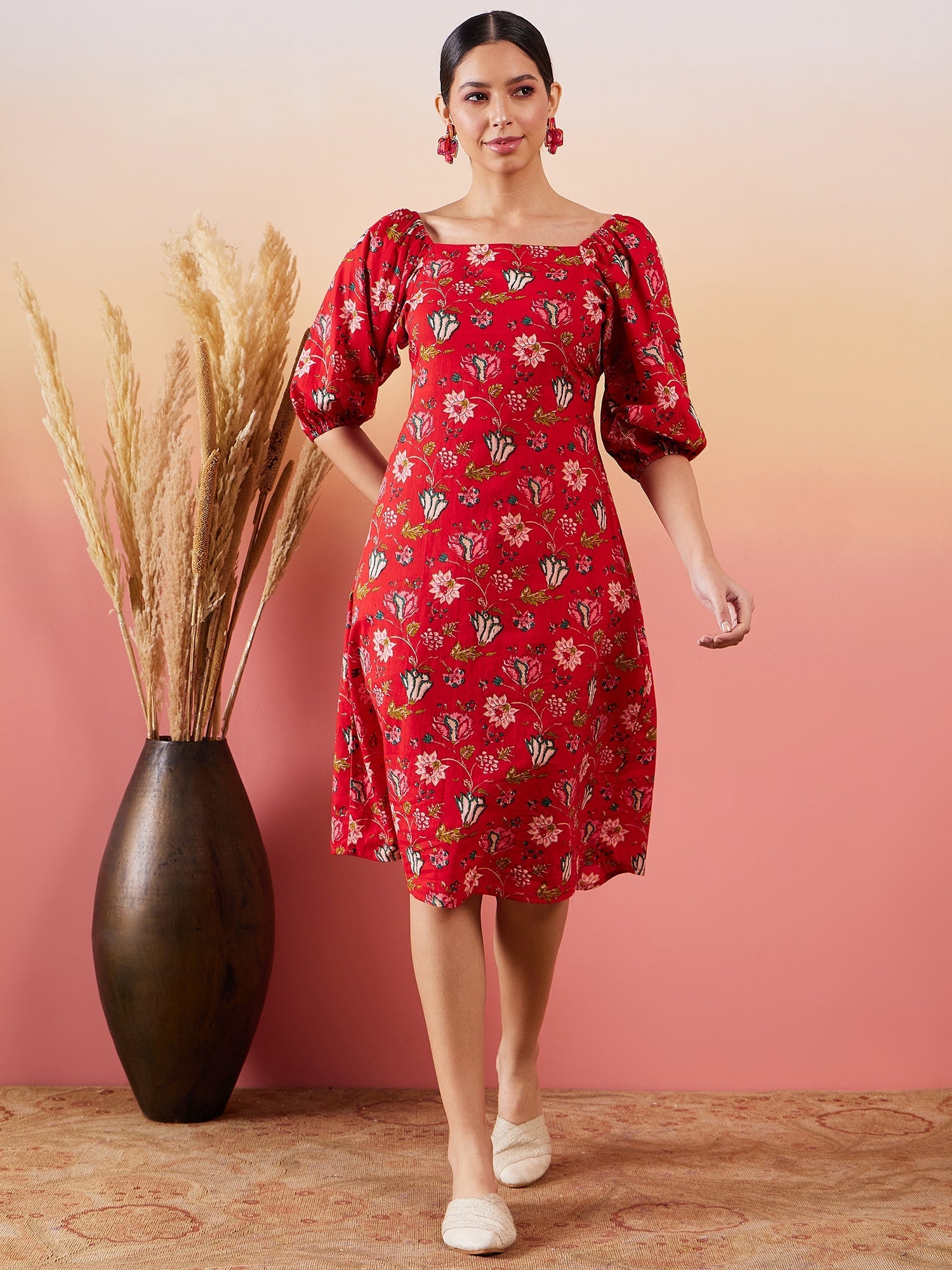 Women's Red Bishop Sleeve Dress - InWeave