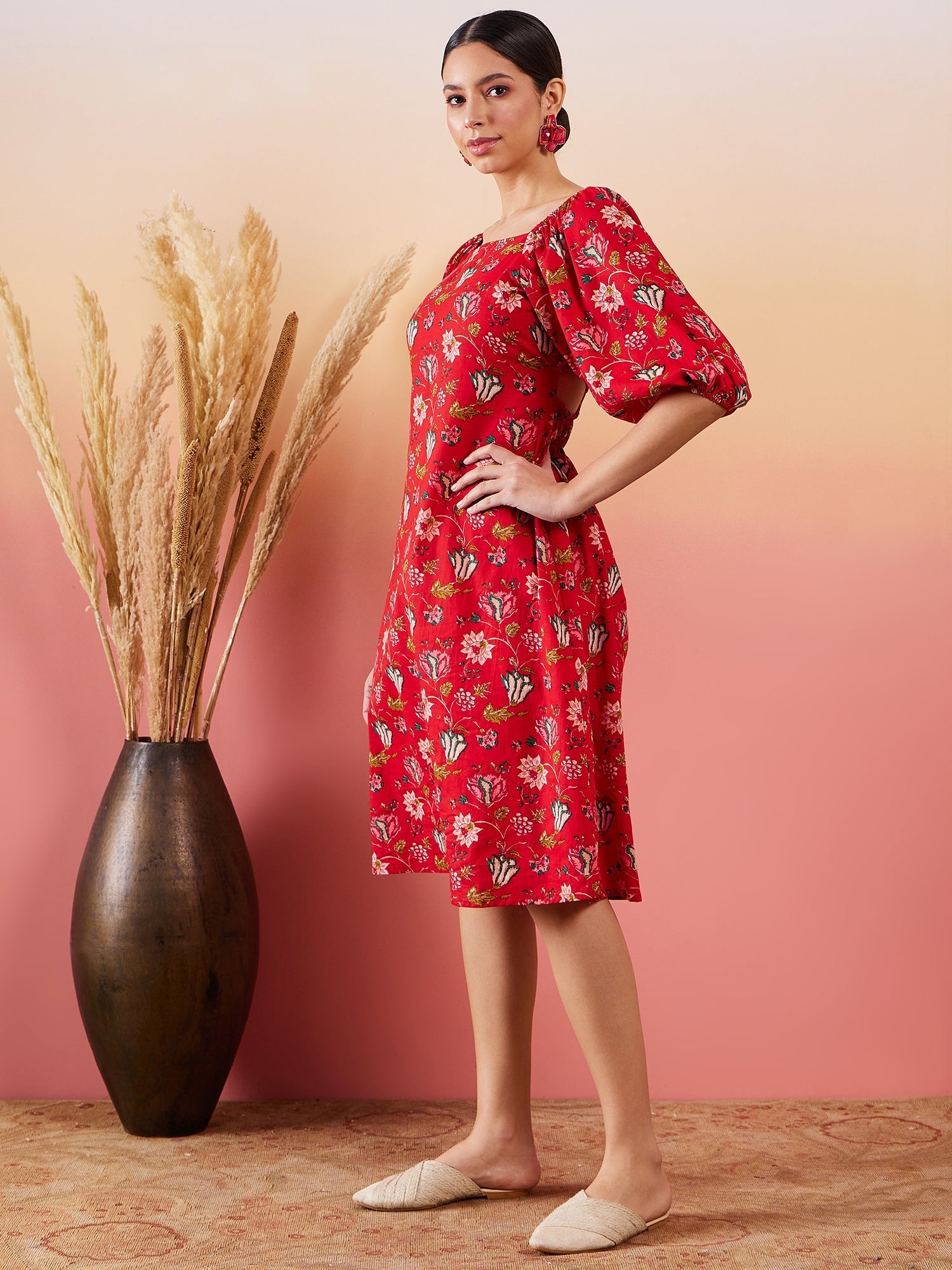 Women's Red Bishop Sleeve Dress - InWeave