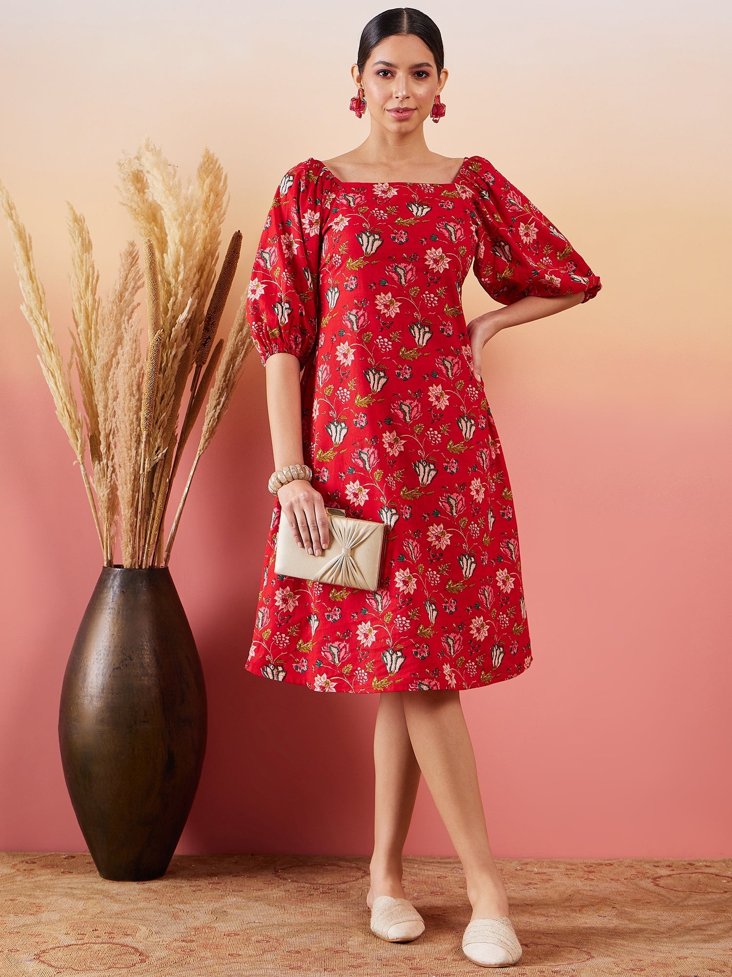 Women's Red Bishop Sleeve Dress - InWeave