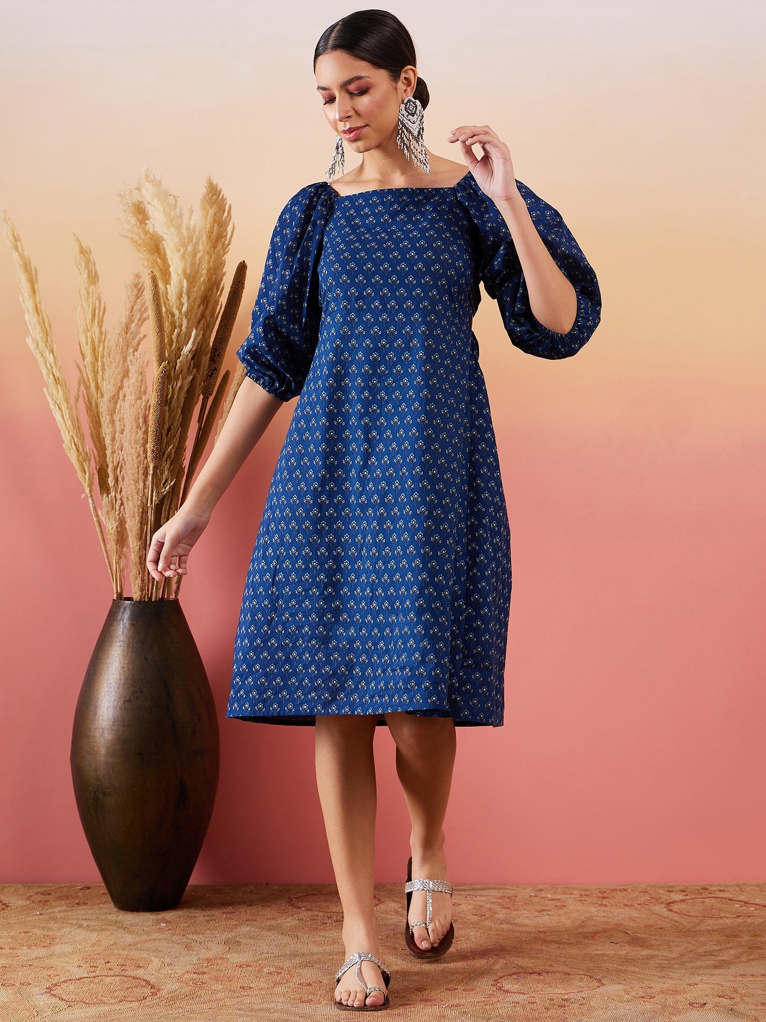 Women's Navy Small Boota Print Bishop Sleeve Back Detail Dress - InWeave