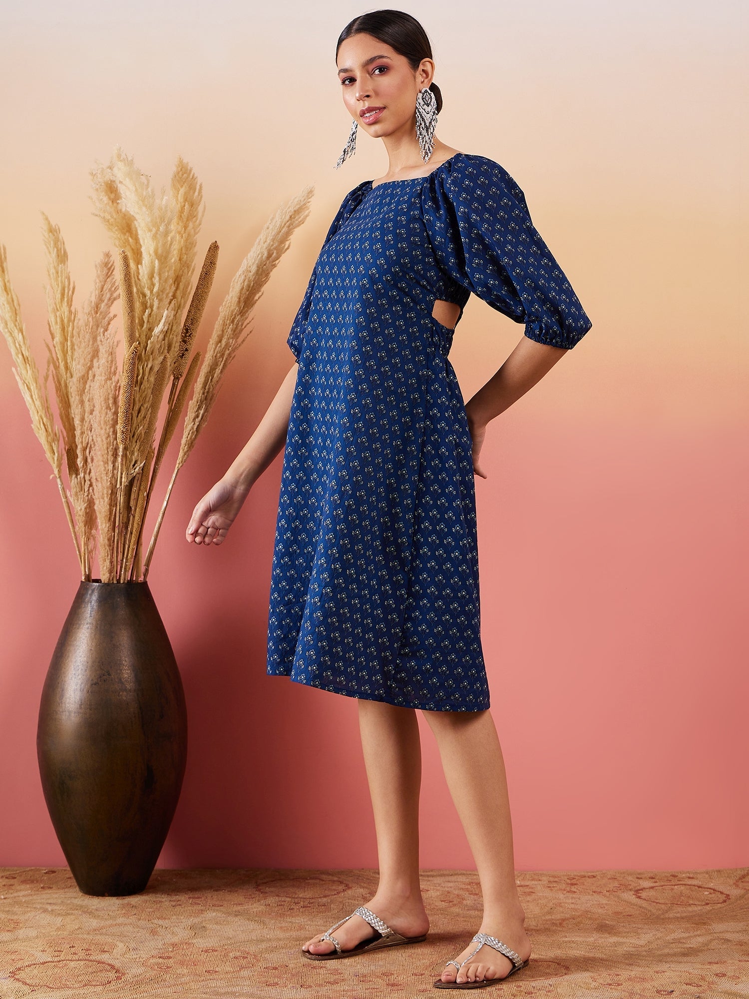 Women's Navy Small Boota Print Bishop Sleeve Back Detail Dress - InWeave