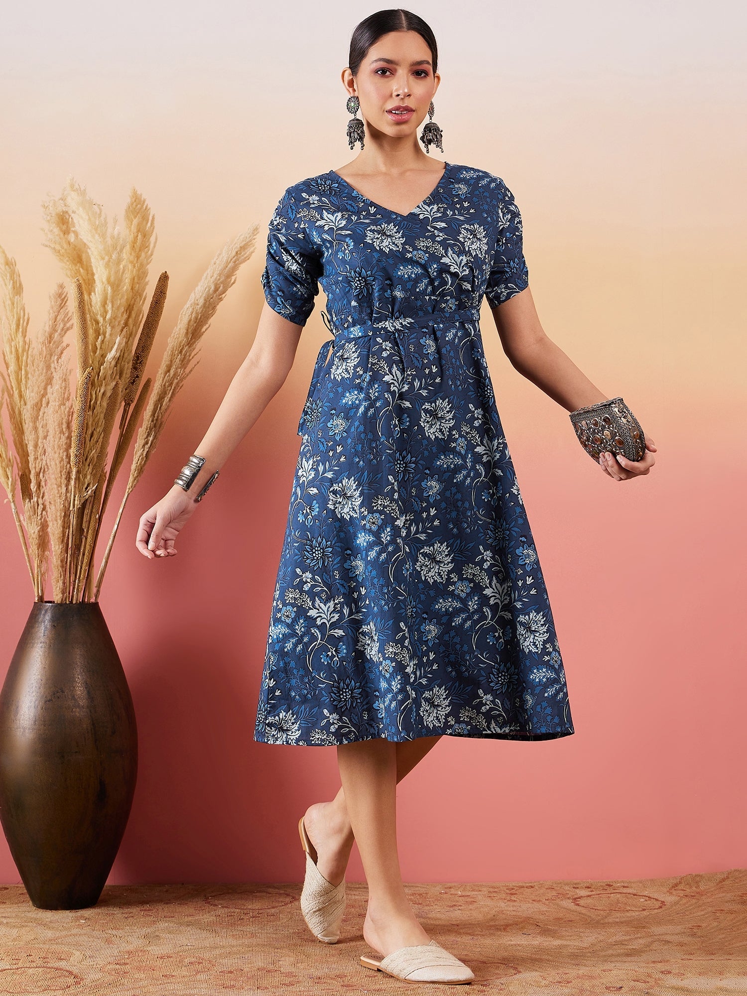 Women's Indigo Floral Print Angrakhaa V Neck Belted A Line Dress - InWeave