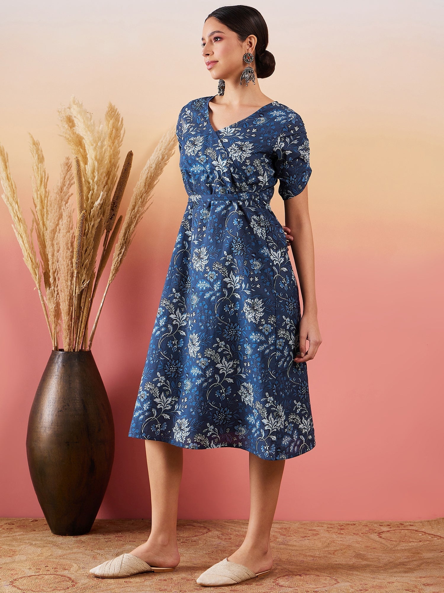 Women's Indigo Floral Print Angrakhaa V Neck Belted A Line Dress - InWeave