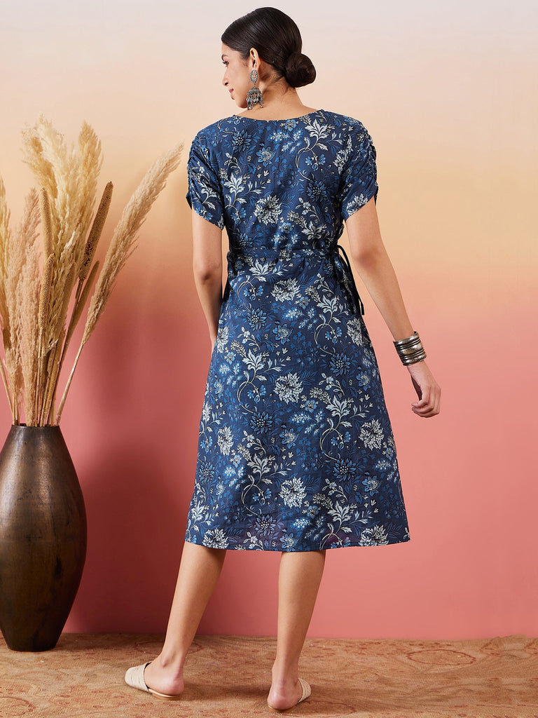 Women's Indigo Floral Print Angrakhaa V Neck Belted A Line Dress