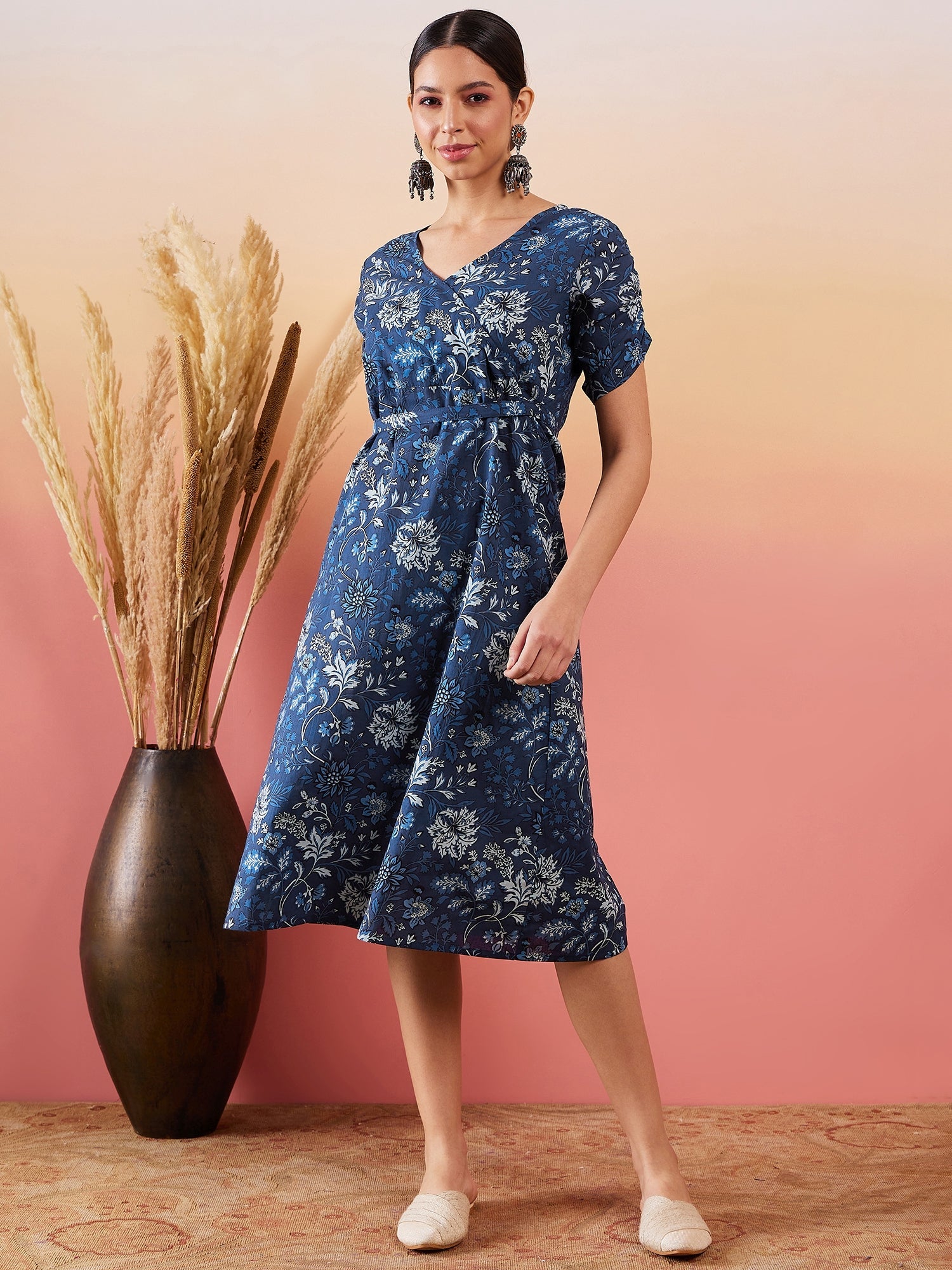 Women's Indigo Floral Print Angrakhaa V Neck Belted A Line Dress - InWeave