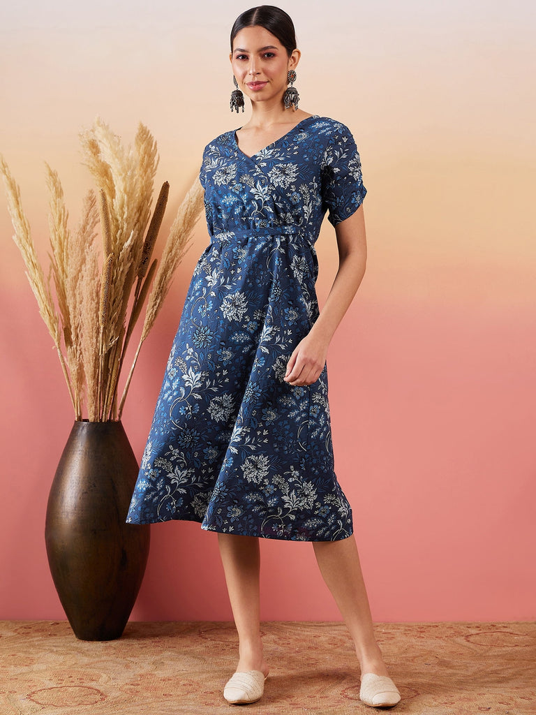 Women's Indigo Floral Print Angrakhaa V Neck Belted A Line Dress