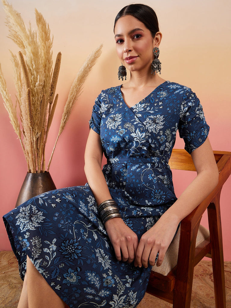 Women's Indigo Floral Print Angrakhaa V Neck Belted A Line Dress