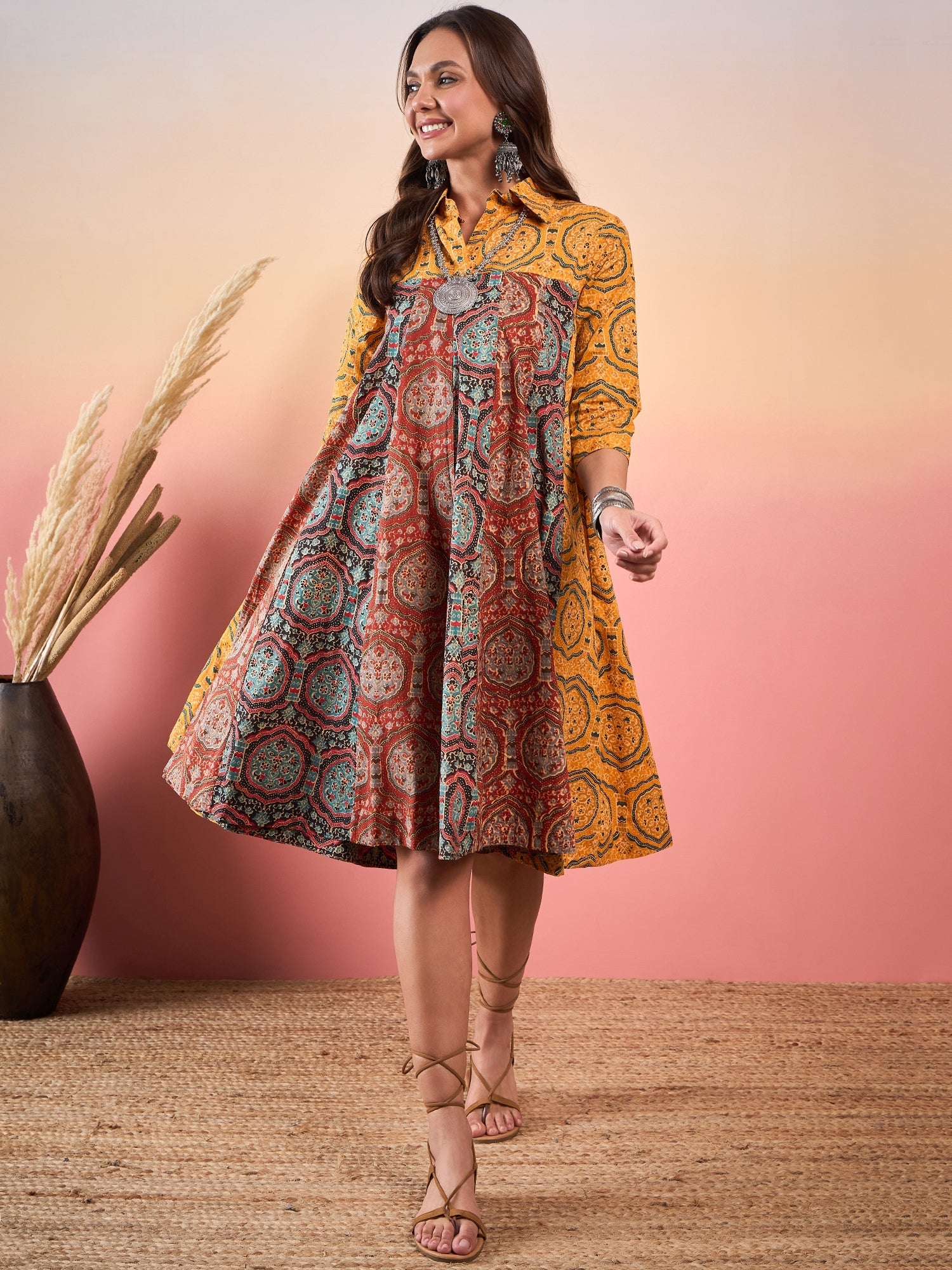 Women's Mustard Mughal Print Collar Multi Kalidar Flared Dress - InWeave