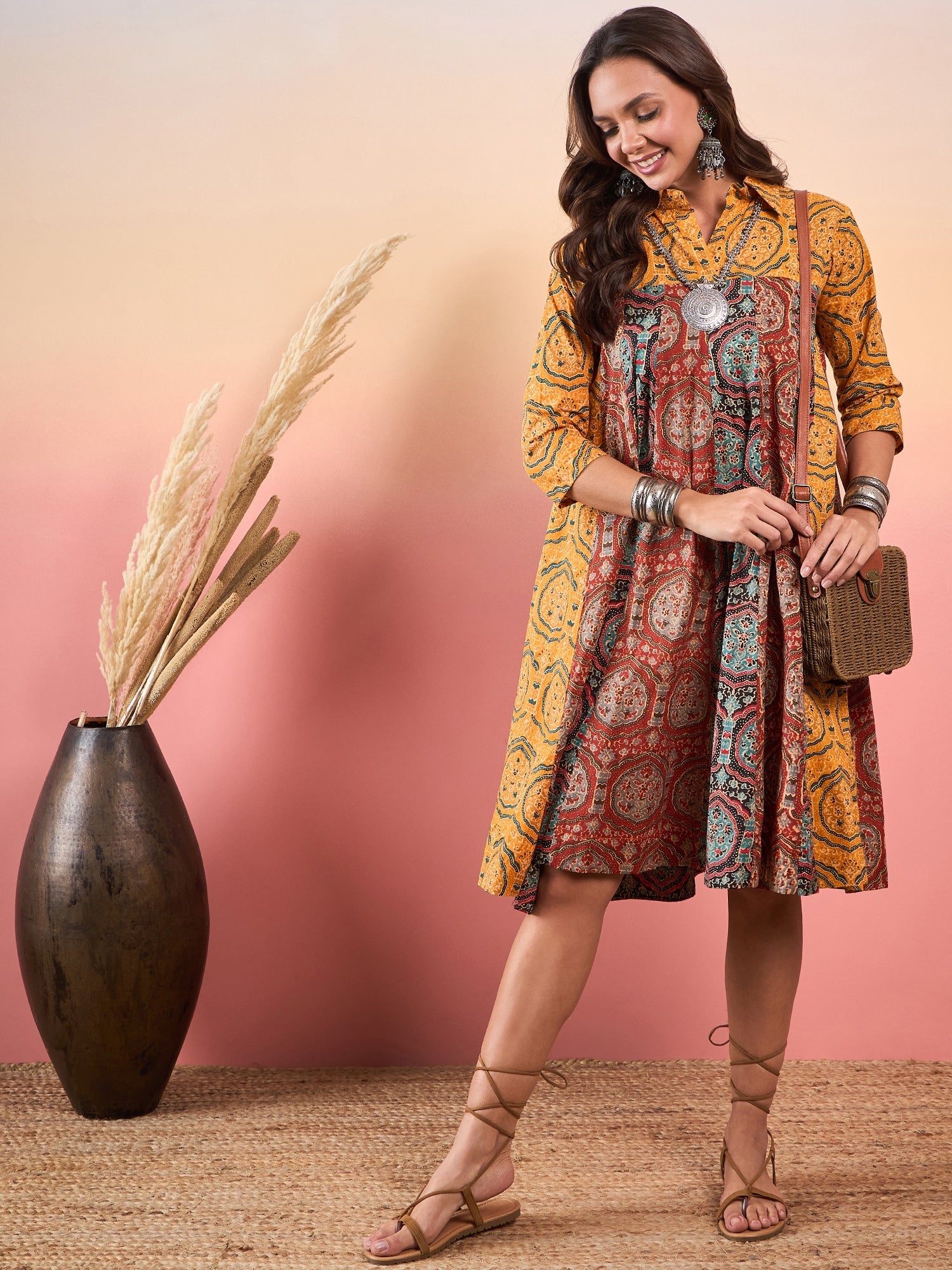 Women's Mustard Mughal Print Collar Multi Kalidar Flared Dress - InWeave