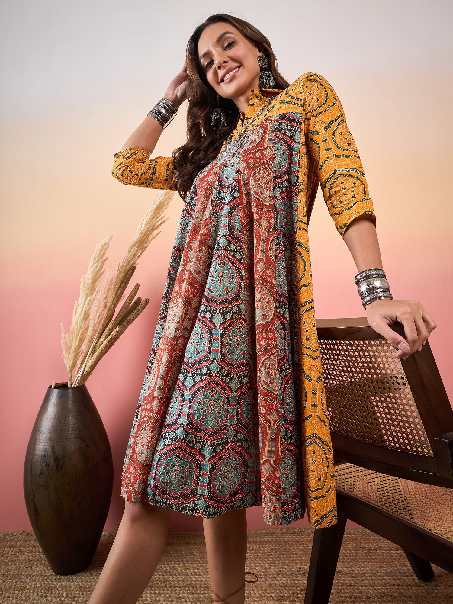 Women's Mustard Mughal Print Collar Multi Kalidar Flared Dress - InWeave