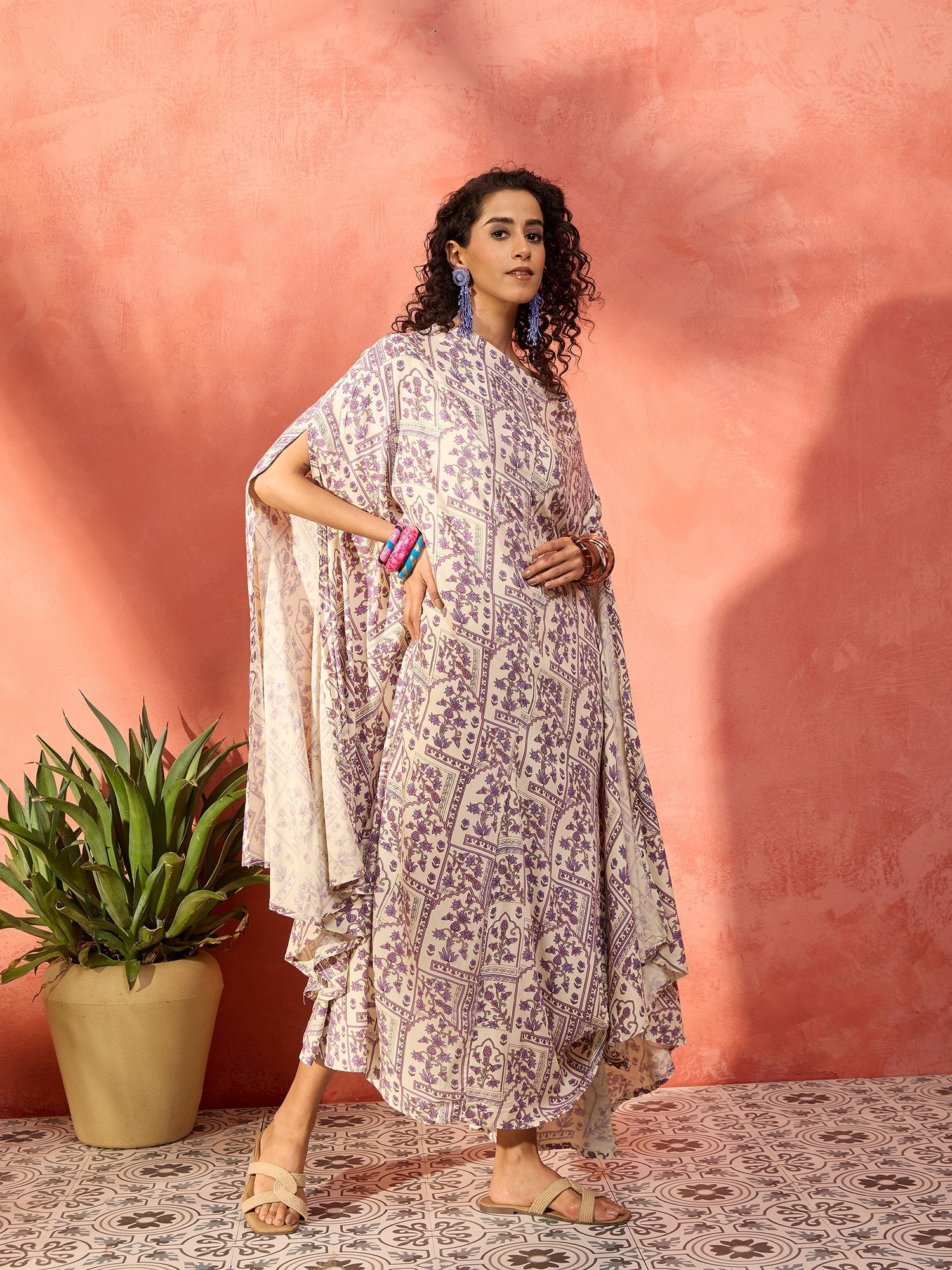 Women's Mauve Ethnic Window Floral Cowl Kaftan - InWeave