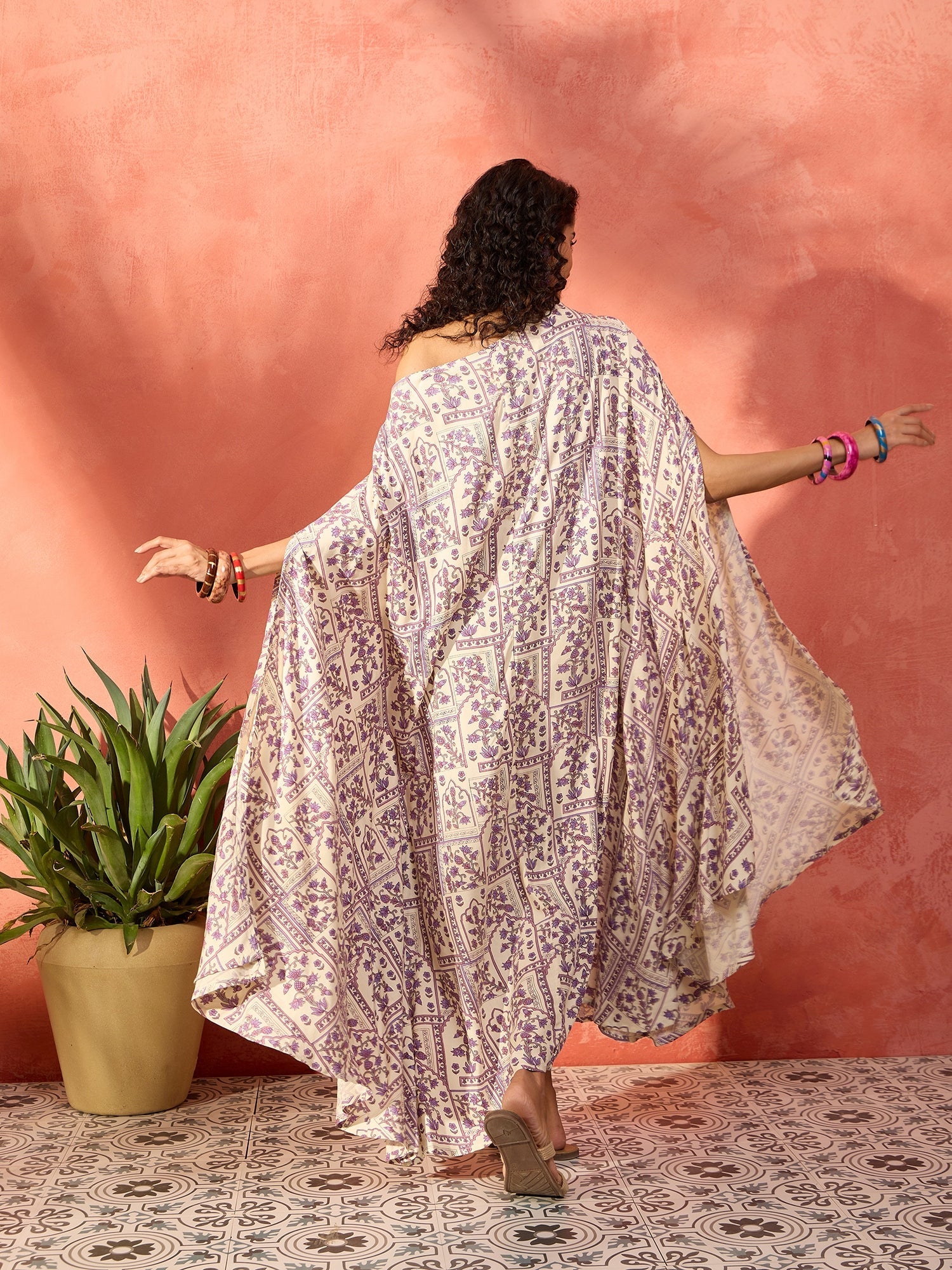 Women's Mauve Ethnic Window Floral Cowl Kaftan - InWeave