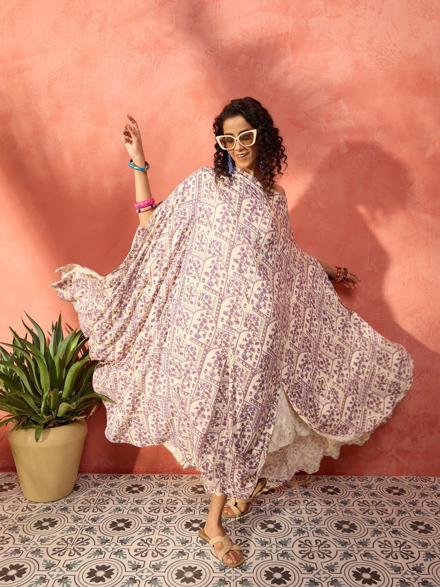 Women's Mauve Ethnic Window Floral Cowl Kaftan - InWeave