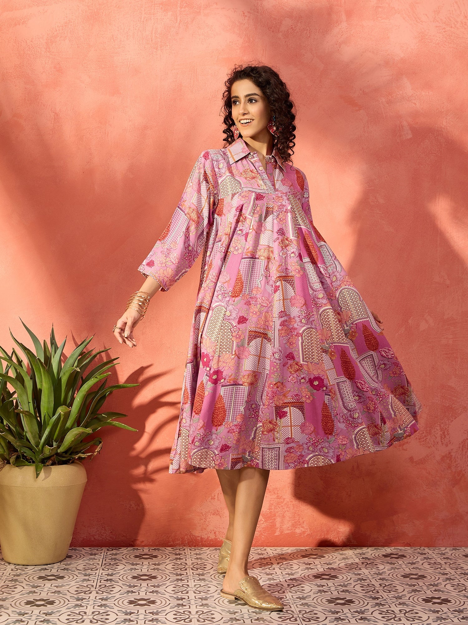 Women's Dull Pink Window Floral Flared Collar Dress - InWeave