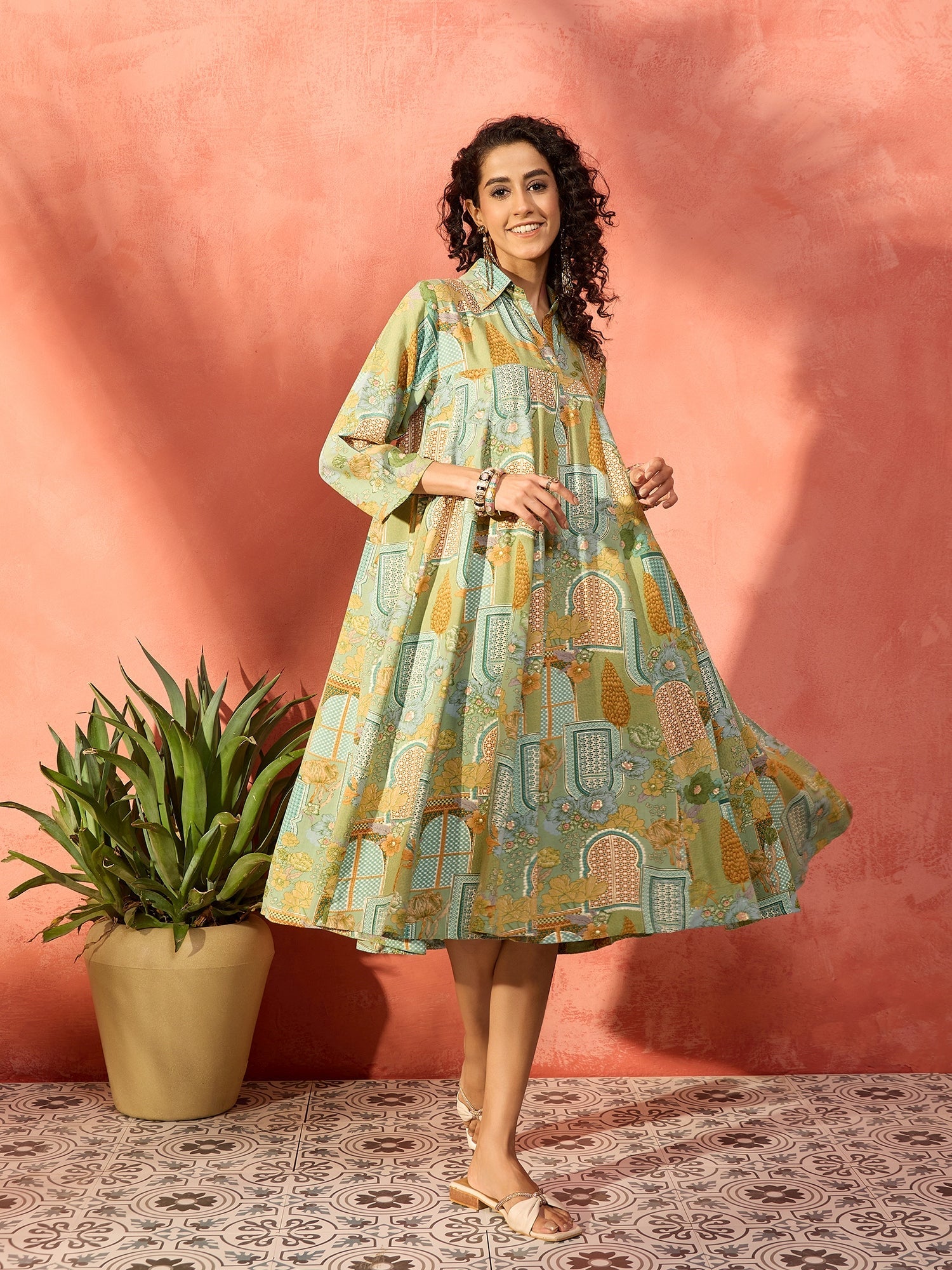 Women's Pear Green Window Floral Flared Collar Dress - InWeave