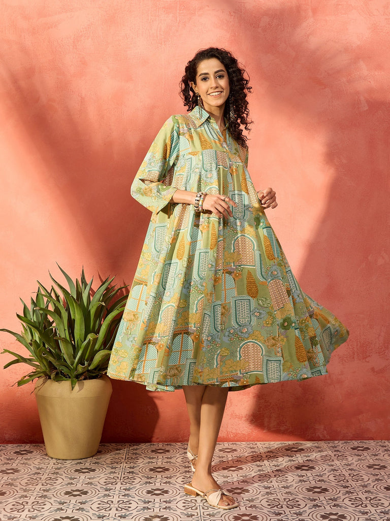 Women's Pear Green Window Floral Flared Collar Dress