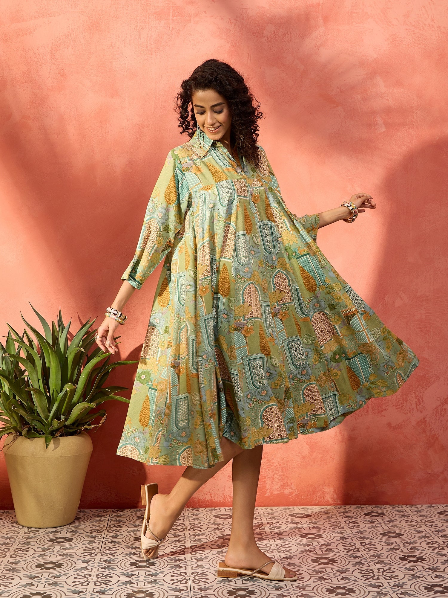 Women's Pear Green Window Floral Flared Collar Dress - InWeave