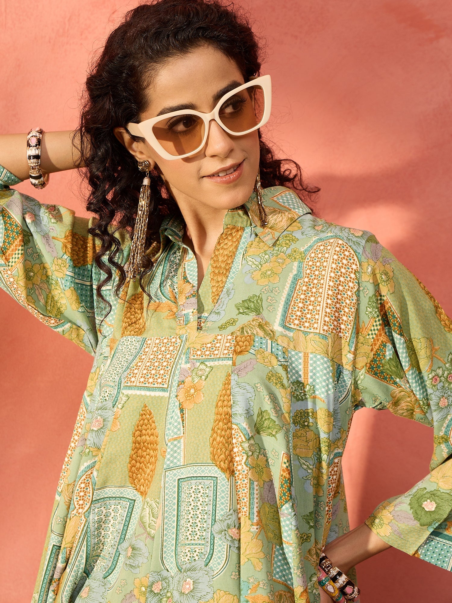 Women's Pear Green Window Floral Flared Collar Dress
