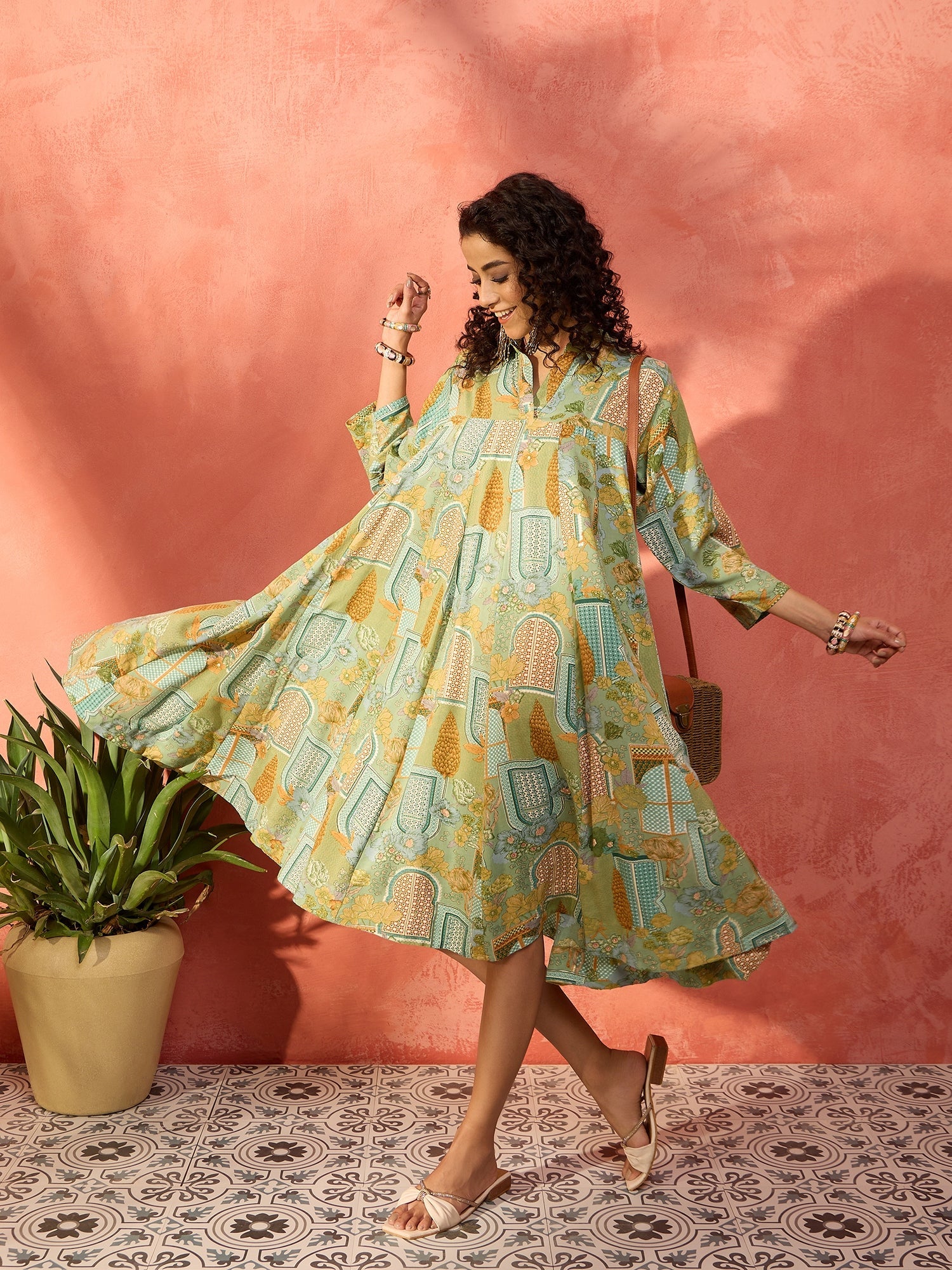 Women's Pear Green Window Floral Flared Collar Dress - InWeave