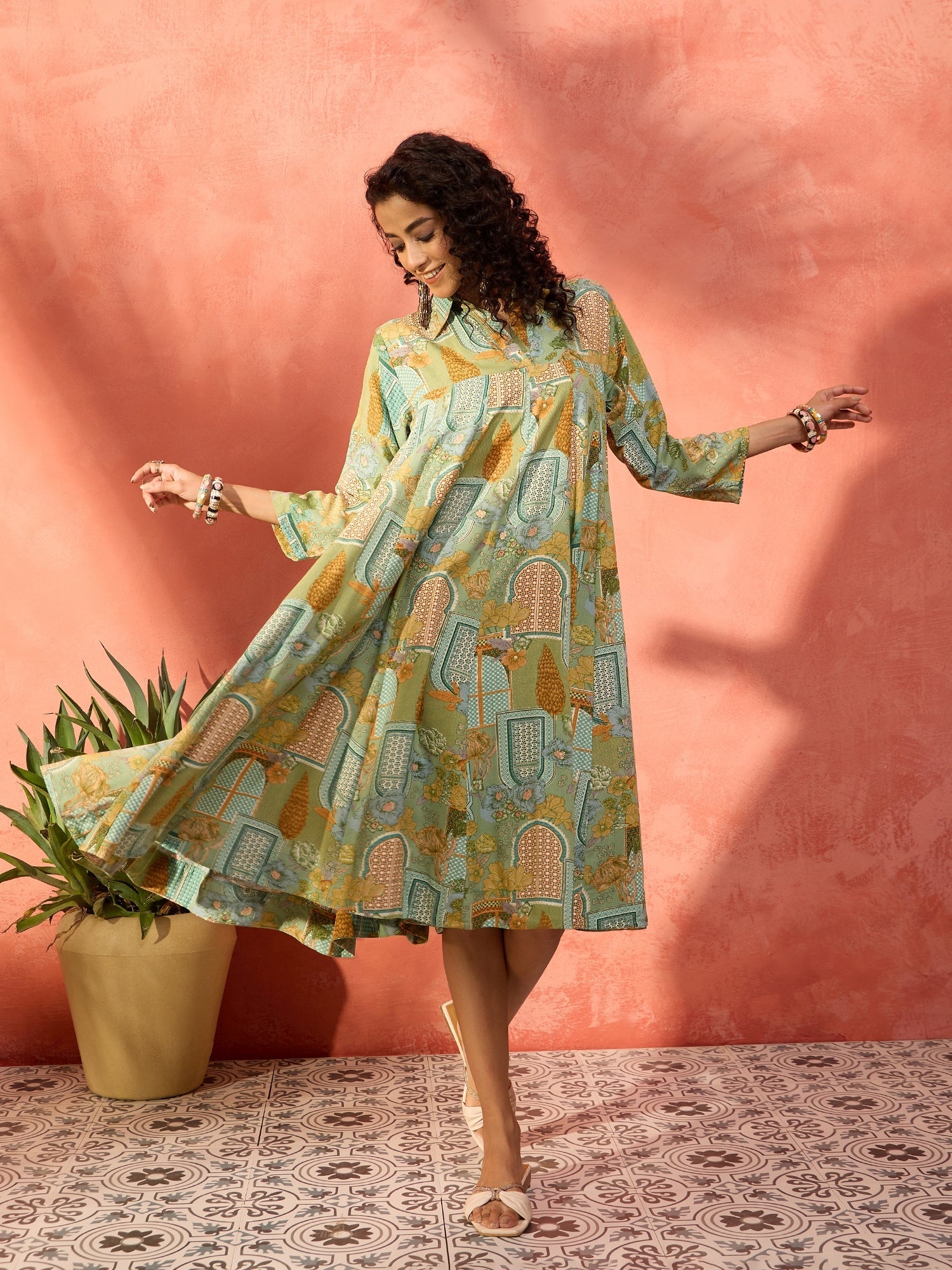 Women's Pear Green Window Floral Flared Collar Dress - InWeave