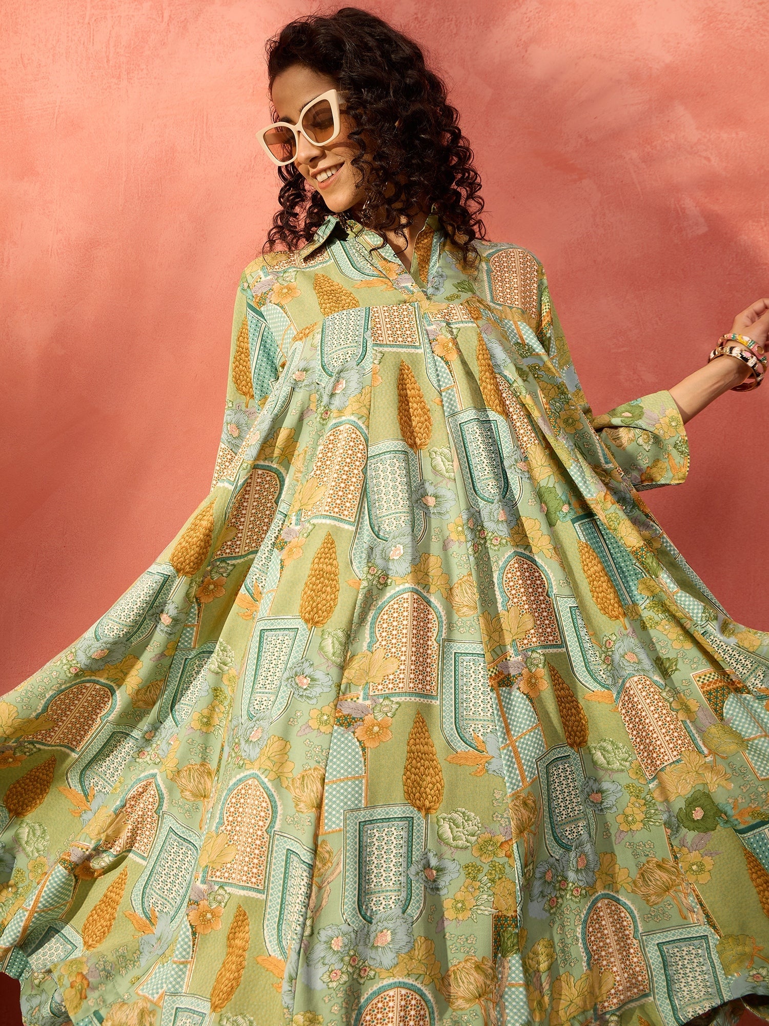 Women's Pear Green Window Floral Flared Collar Dress