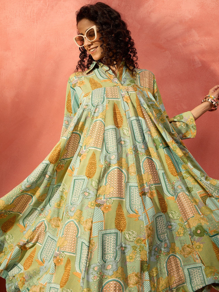 Women's Pear Green Window Floral Flared Collar Dress