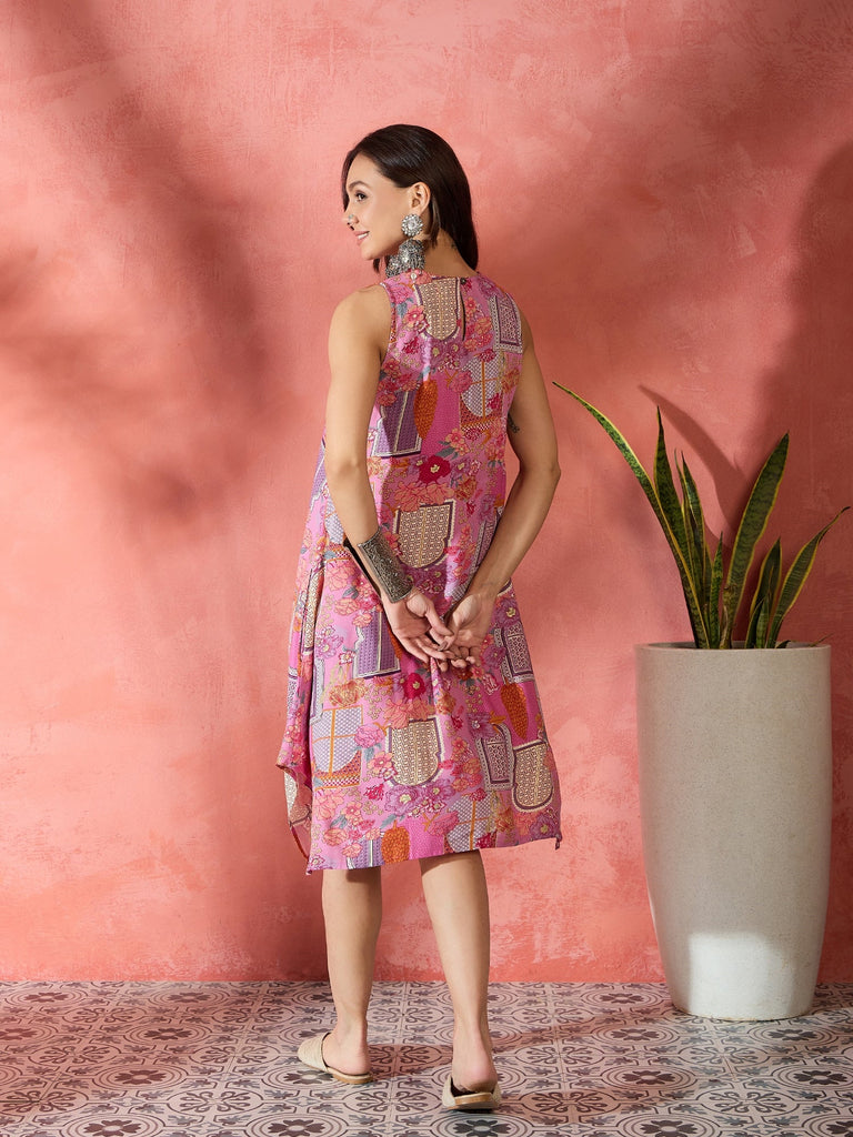 Women's Pink Window Print R Neck Dress