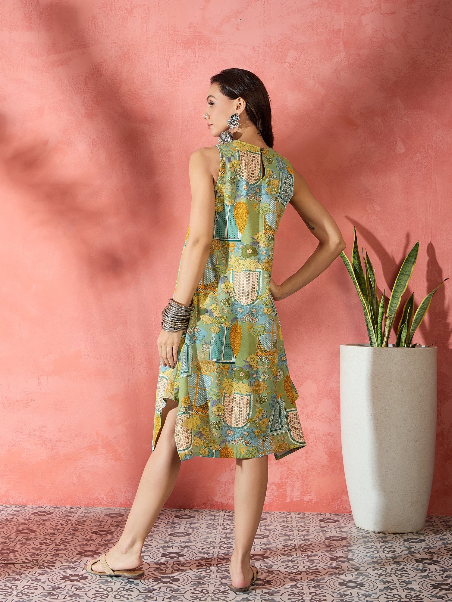 Women's Pear Green Window Print R Neck Dress - InWeave