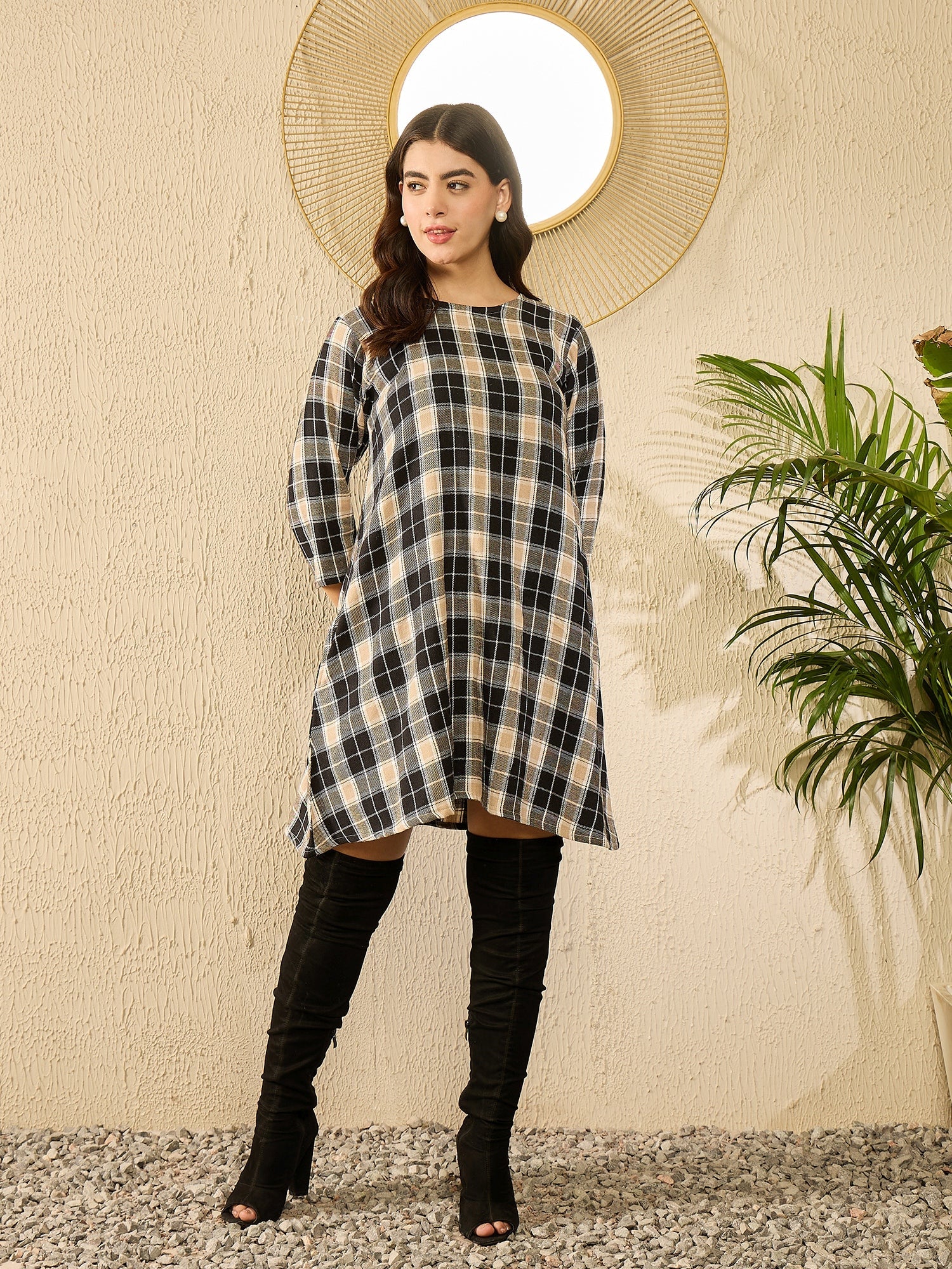 Women's Black Beige Check R Neck Short Dress - InWeave