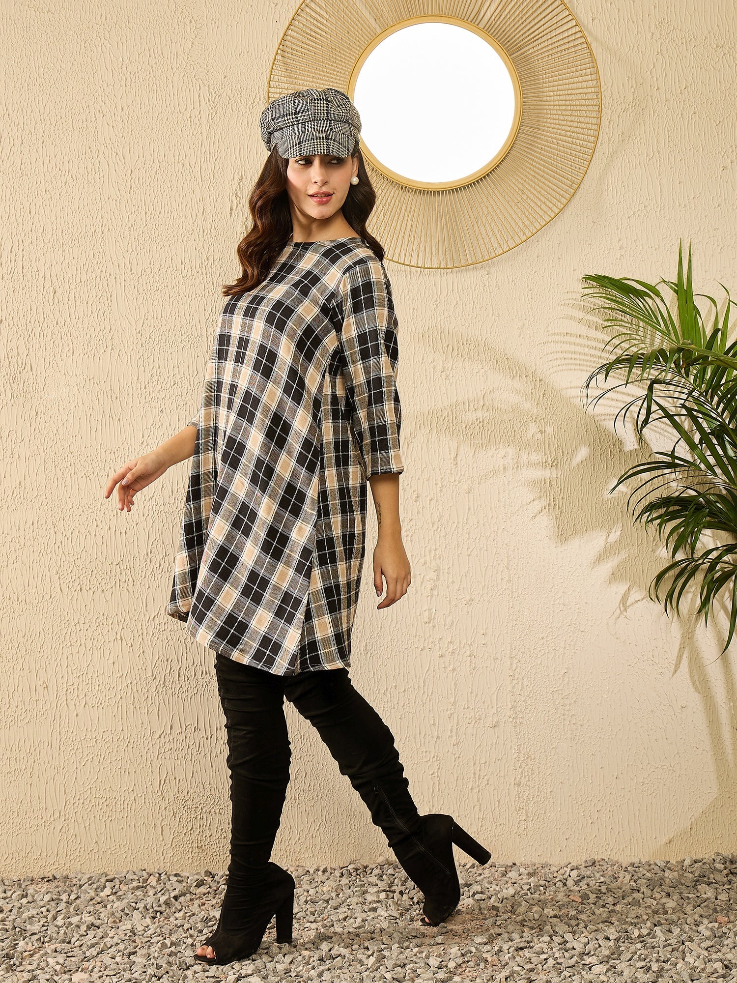 Women's Black Beige Check R Neck Short Dress - InWeave