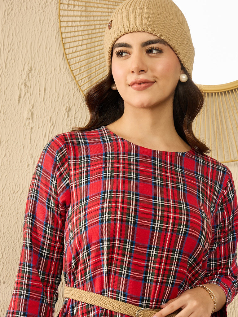 Women's Red Green Check R Neck Short Dress