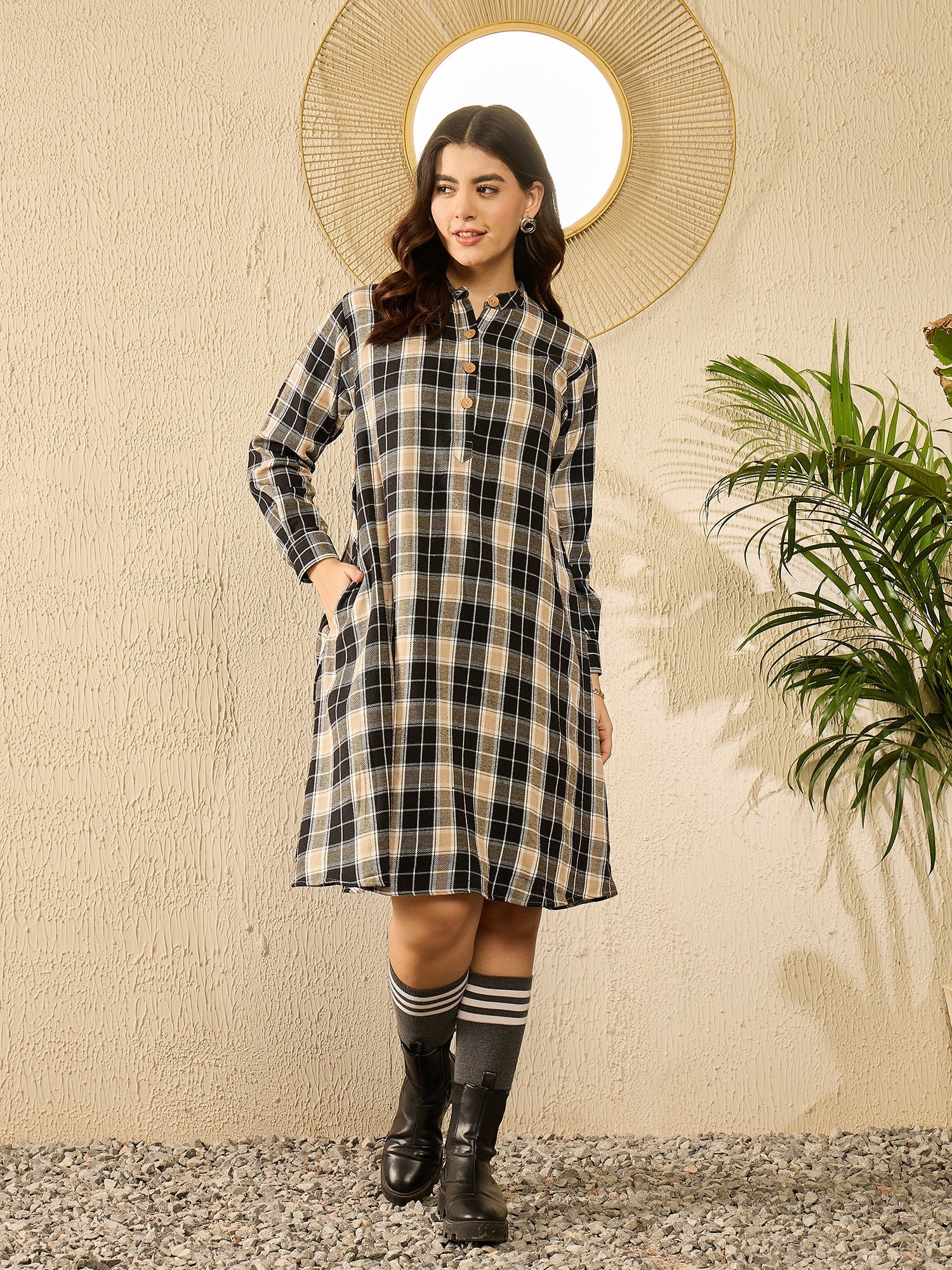 Women's Black Beige Check Dress - InWeave