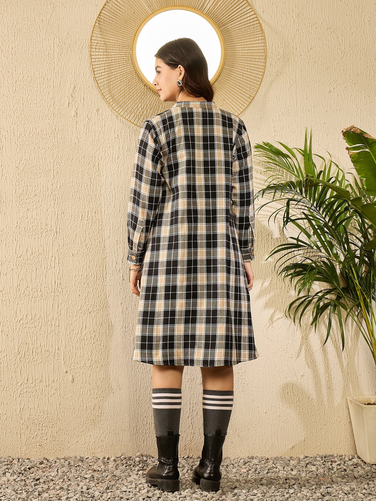 Women's Black Beige Check Dress - InWeave