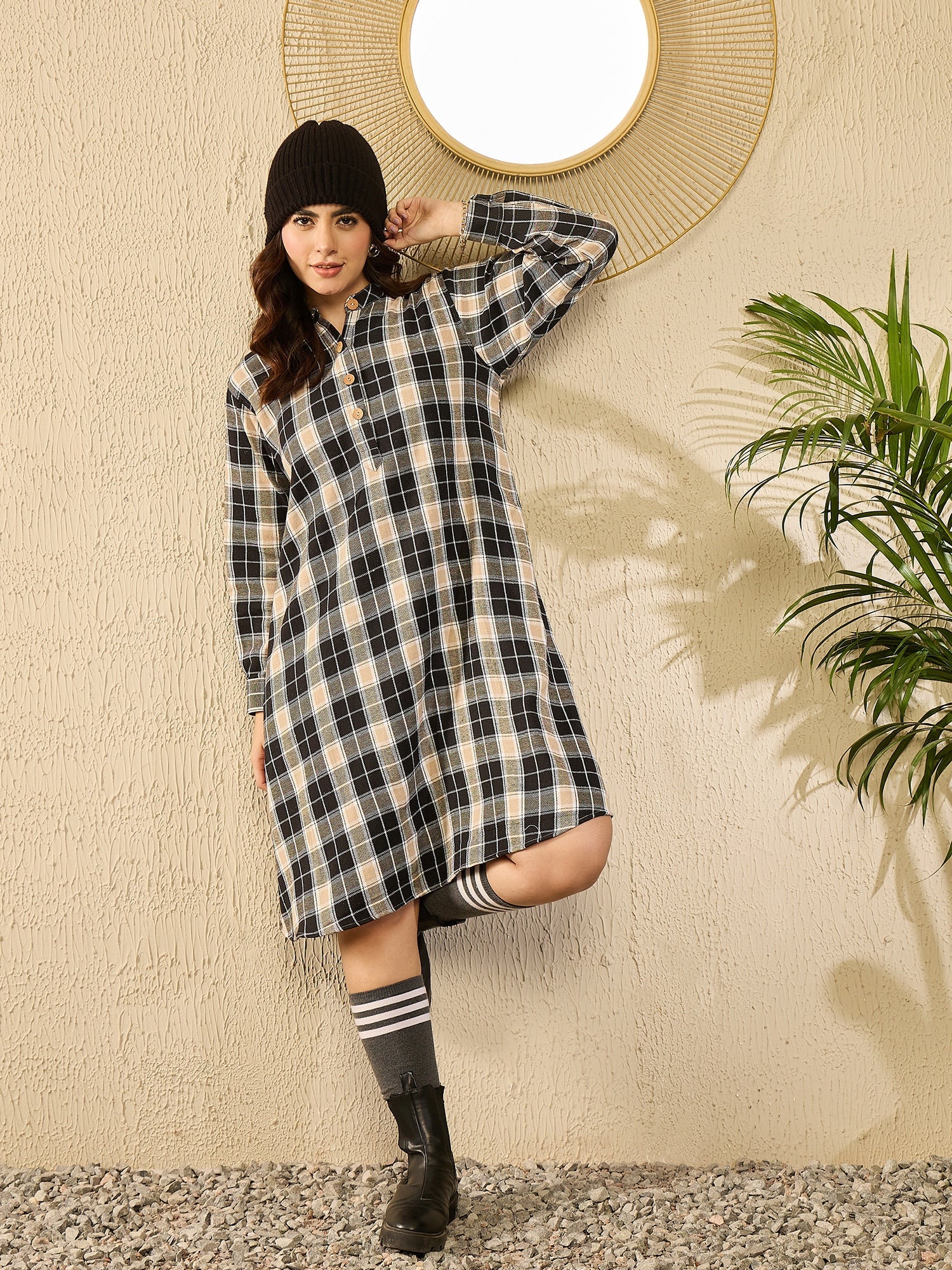 Women's Black Beige Check Dress - InWeave