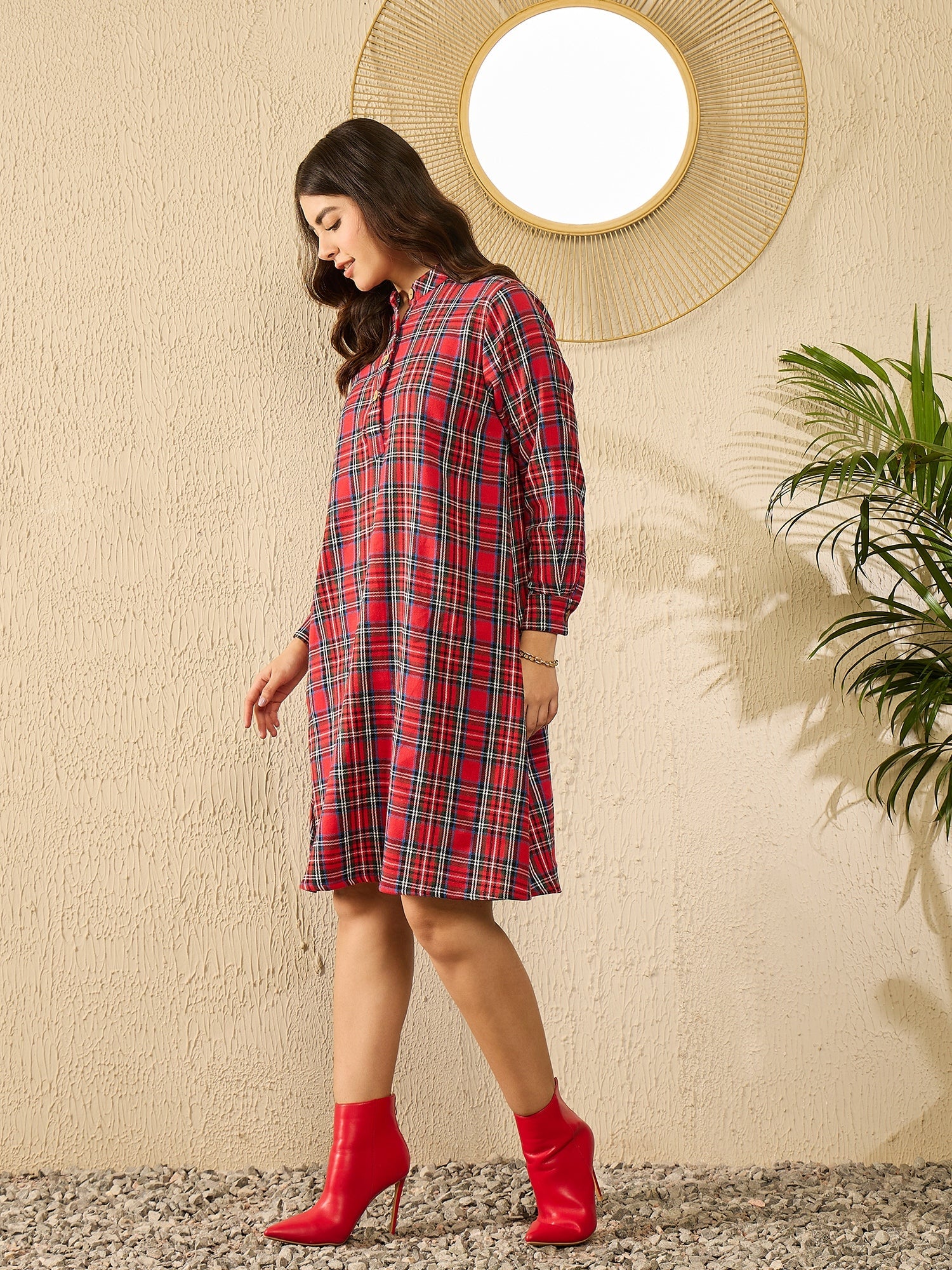 Women's Red Green Check Mandarin Button Neck Dress - InWeave