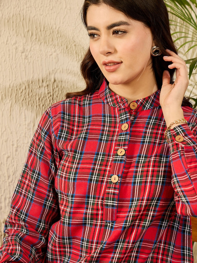 Women's Red Green Check Mandarin Button Neck Dress