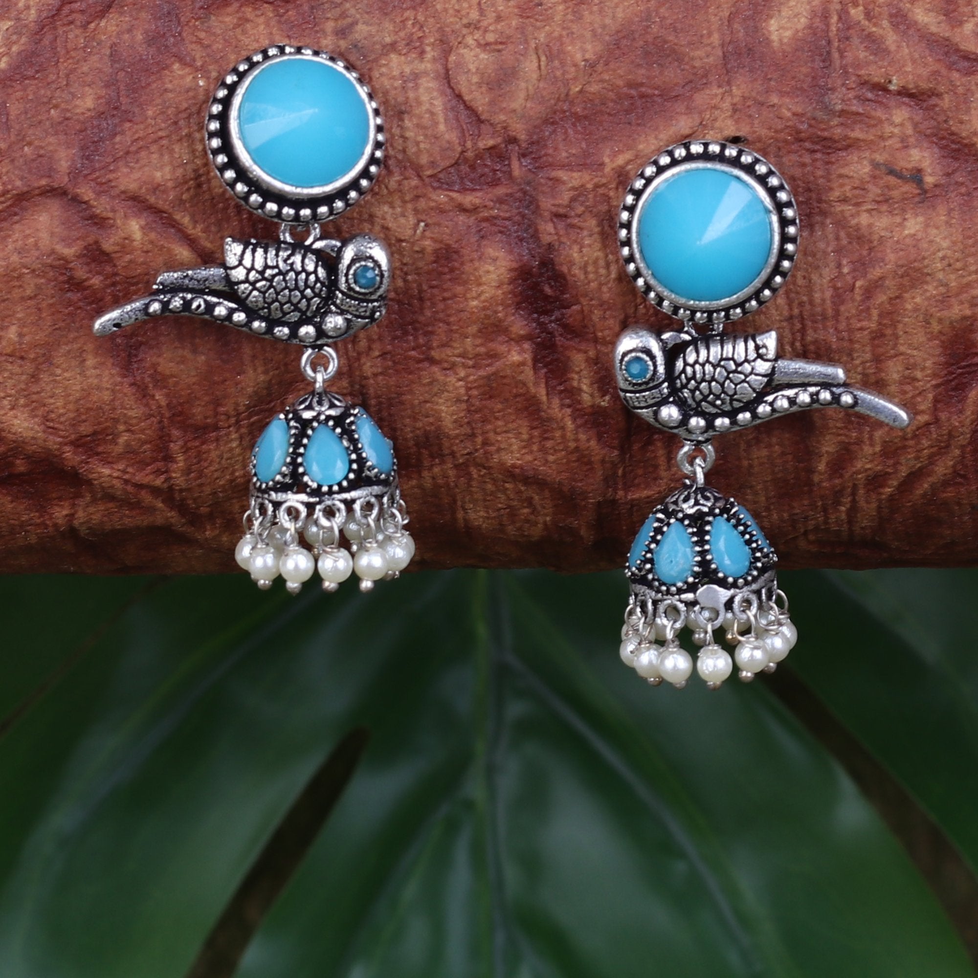 Women's Oxidised Bird Jhumkas In Blue