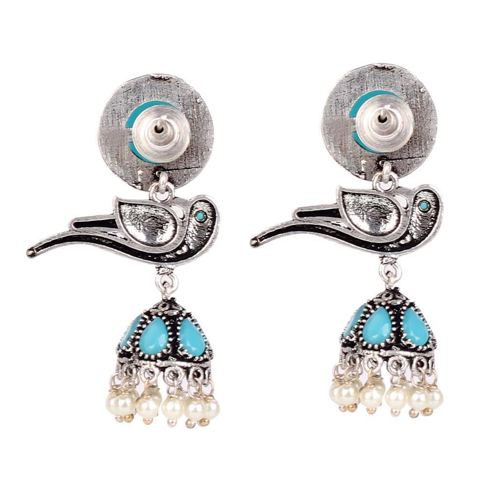 Women's Oxidised Bird Jhumkas In Blue