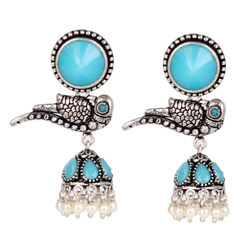 Women's Oxidised Bird Jhumkas In Blue