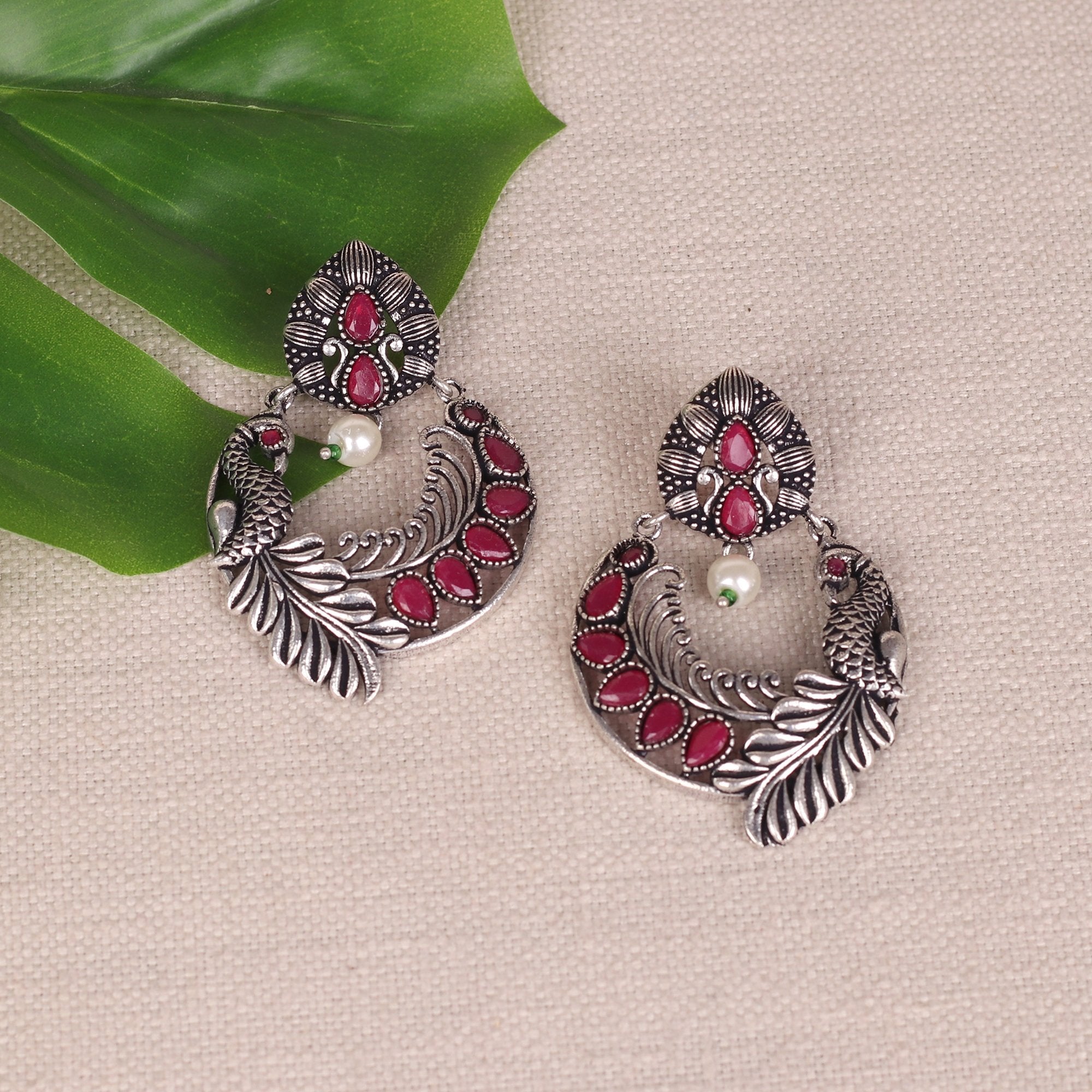 Women's Bird Motif German Silver Earrings With Red Stones