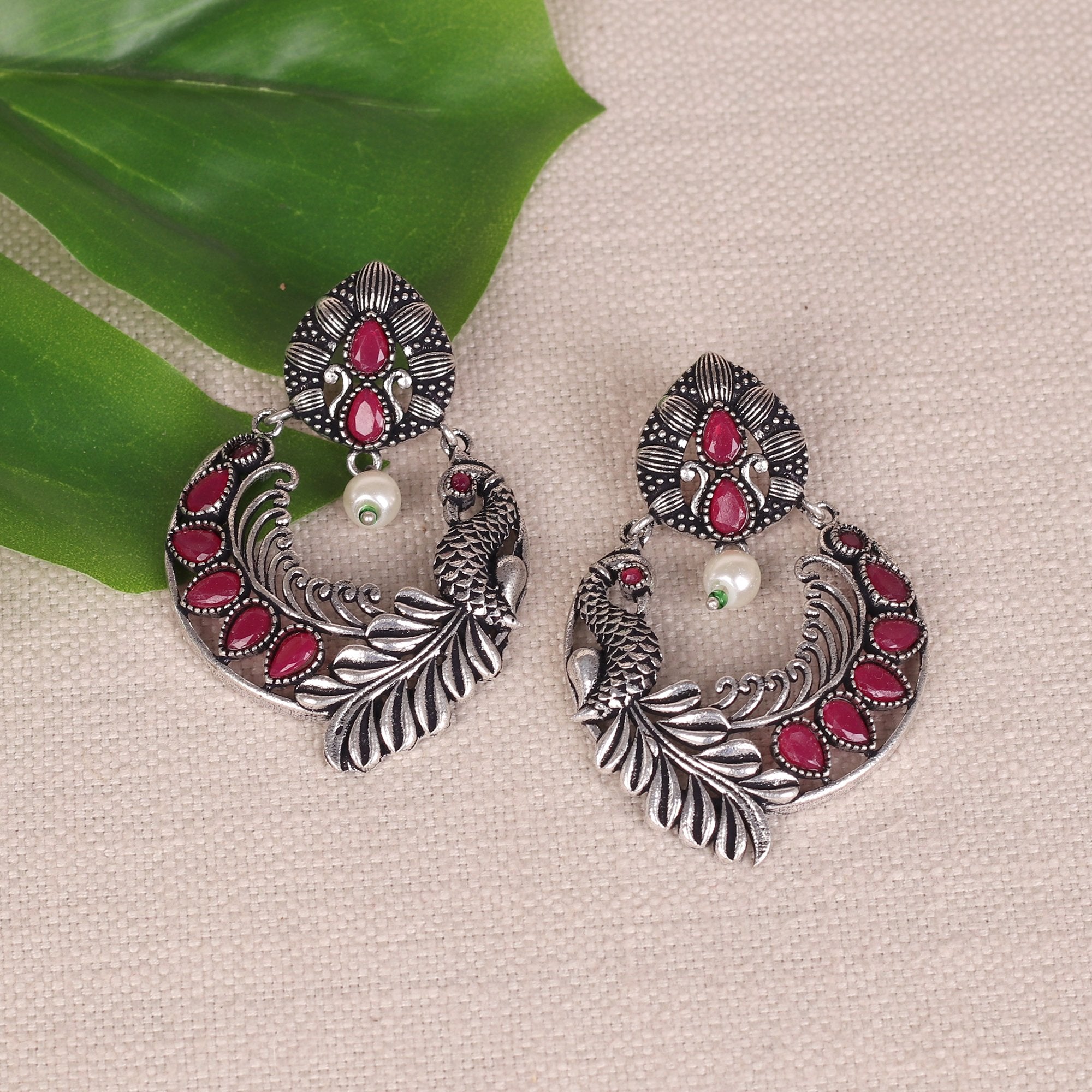 Women's Bird Motif German Silver Earrings With Red Stones