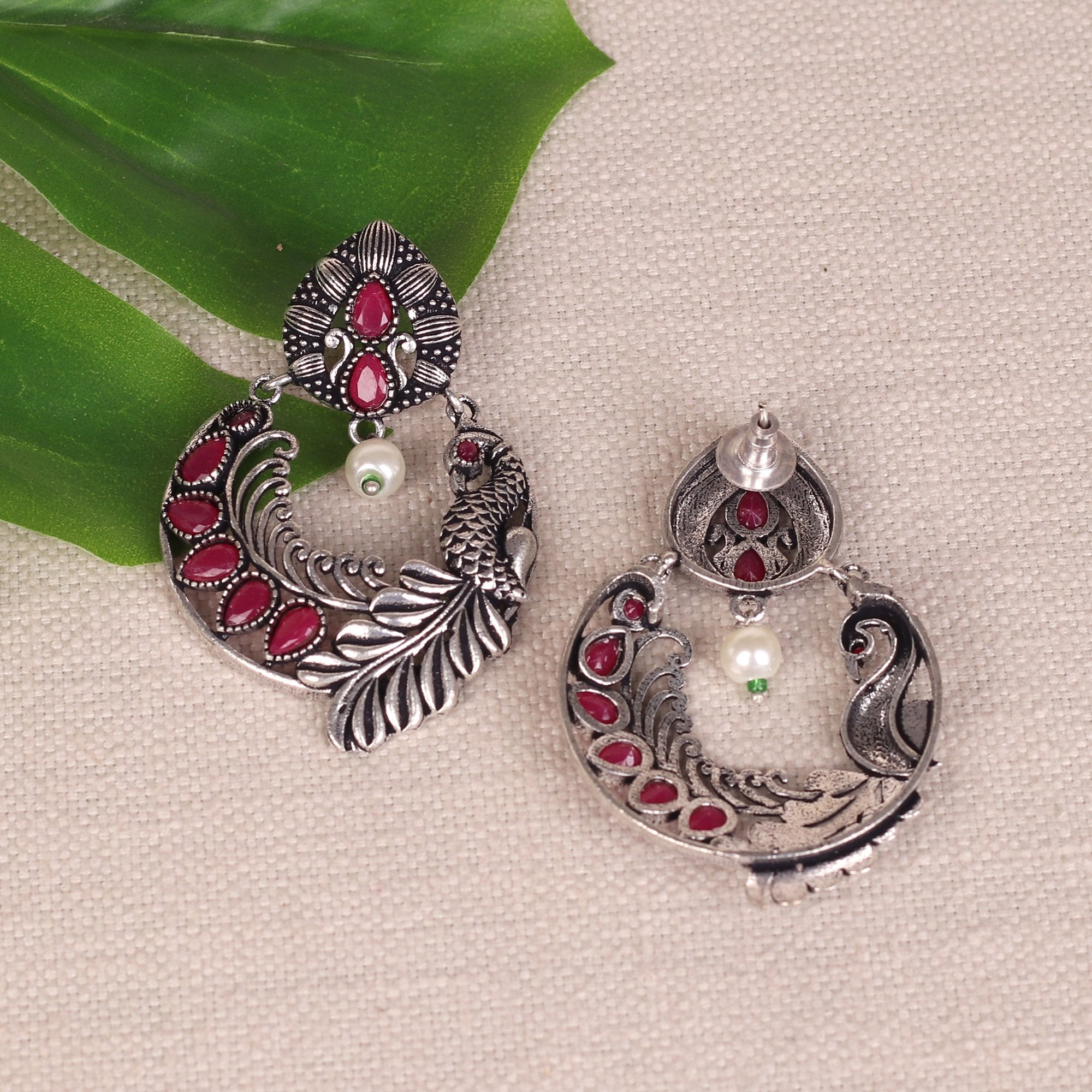 Women's Bird Motif German Silver Earrings With Red Stones