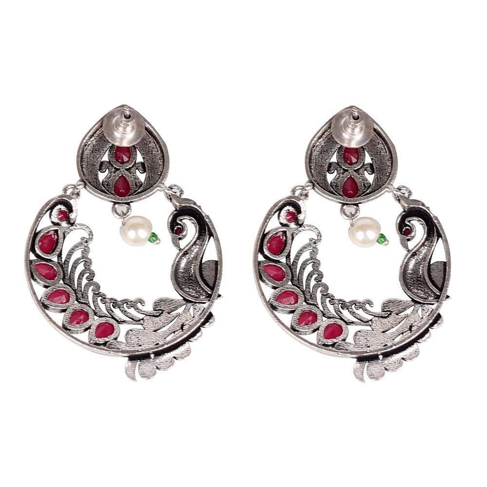 Women's Bird Motif German Silver Earrings With Red Stones
