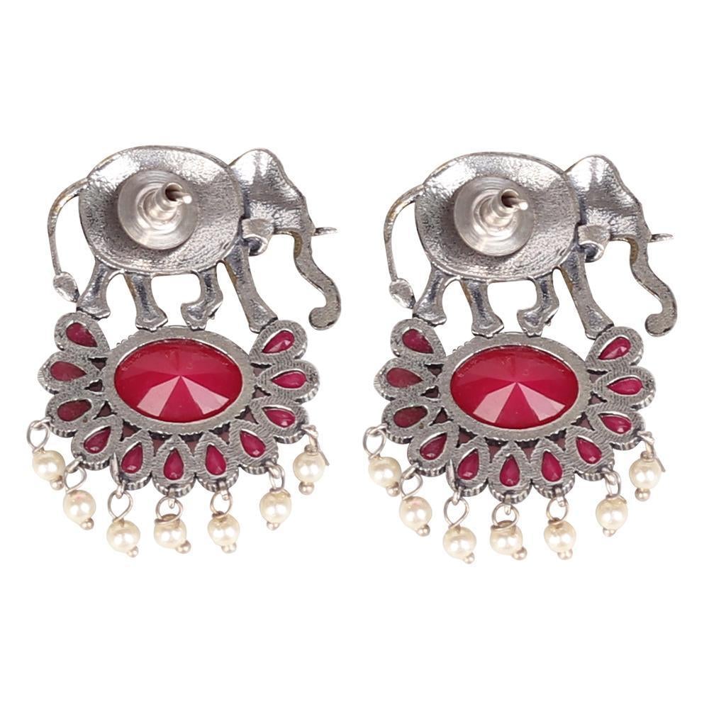Women's Elephant Motif Earings With Red Stones