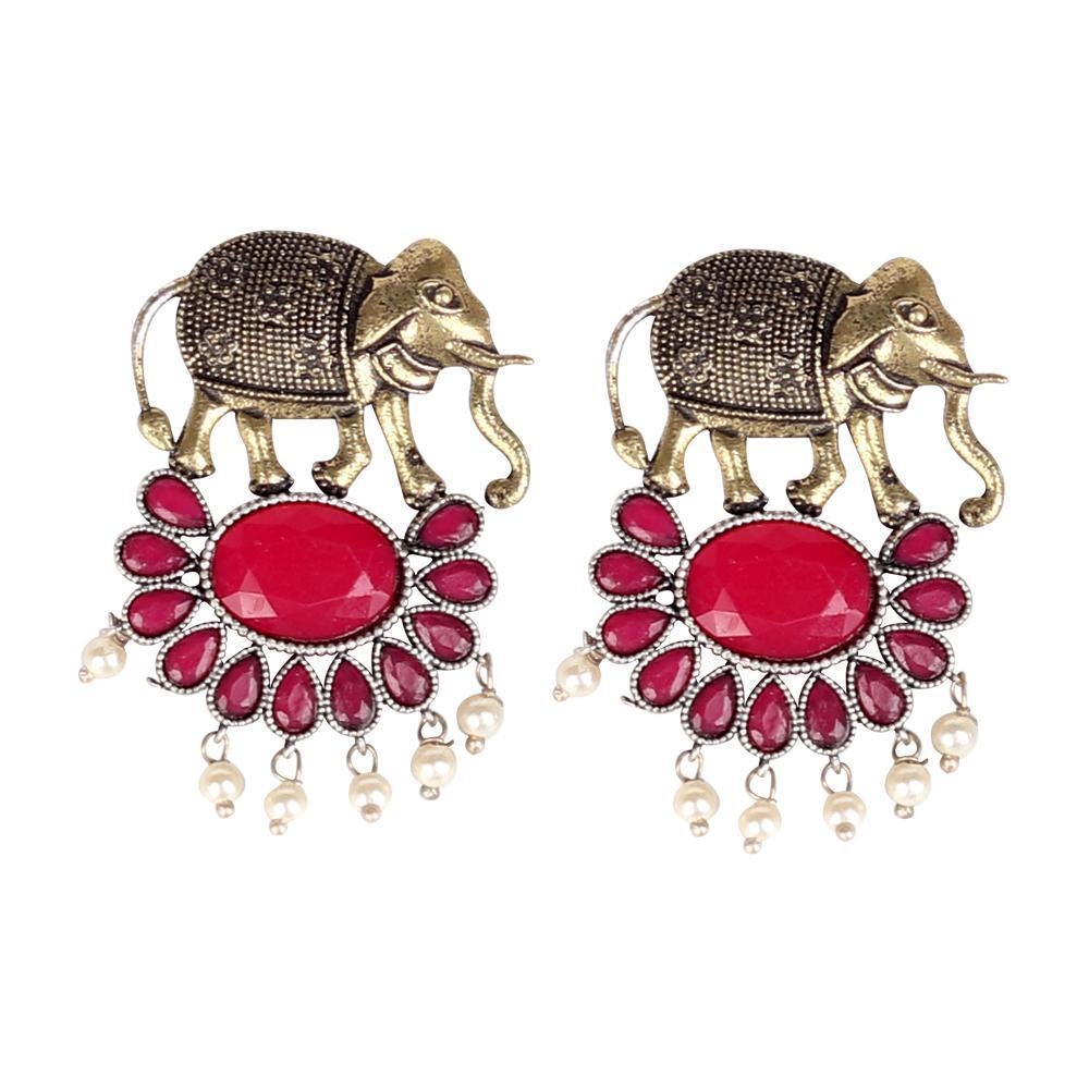 Women's Elephant Motif Earings With Red Stones